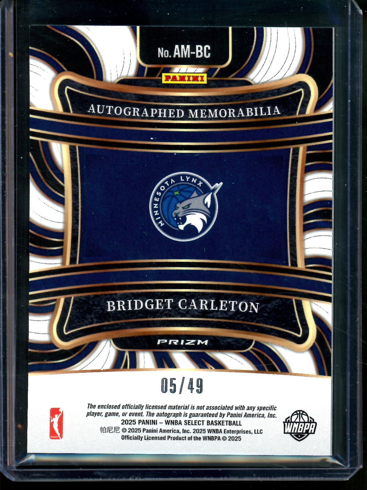 2025 Panini Select Bridget Carleton Blue Patch Autograph /49 Lynx - Trading Card Market