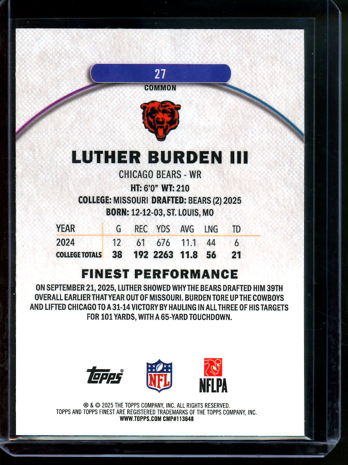 2025 Topps Finest Luther Burden III Blue Geometric Rookie /99 Bears
