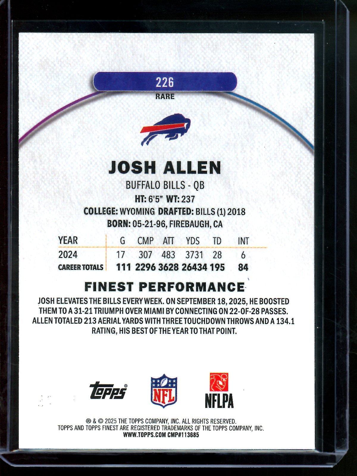 2025 Topps Finest Josh Allen Purple /75 Bills - Trading Card Market