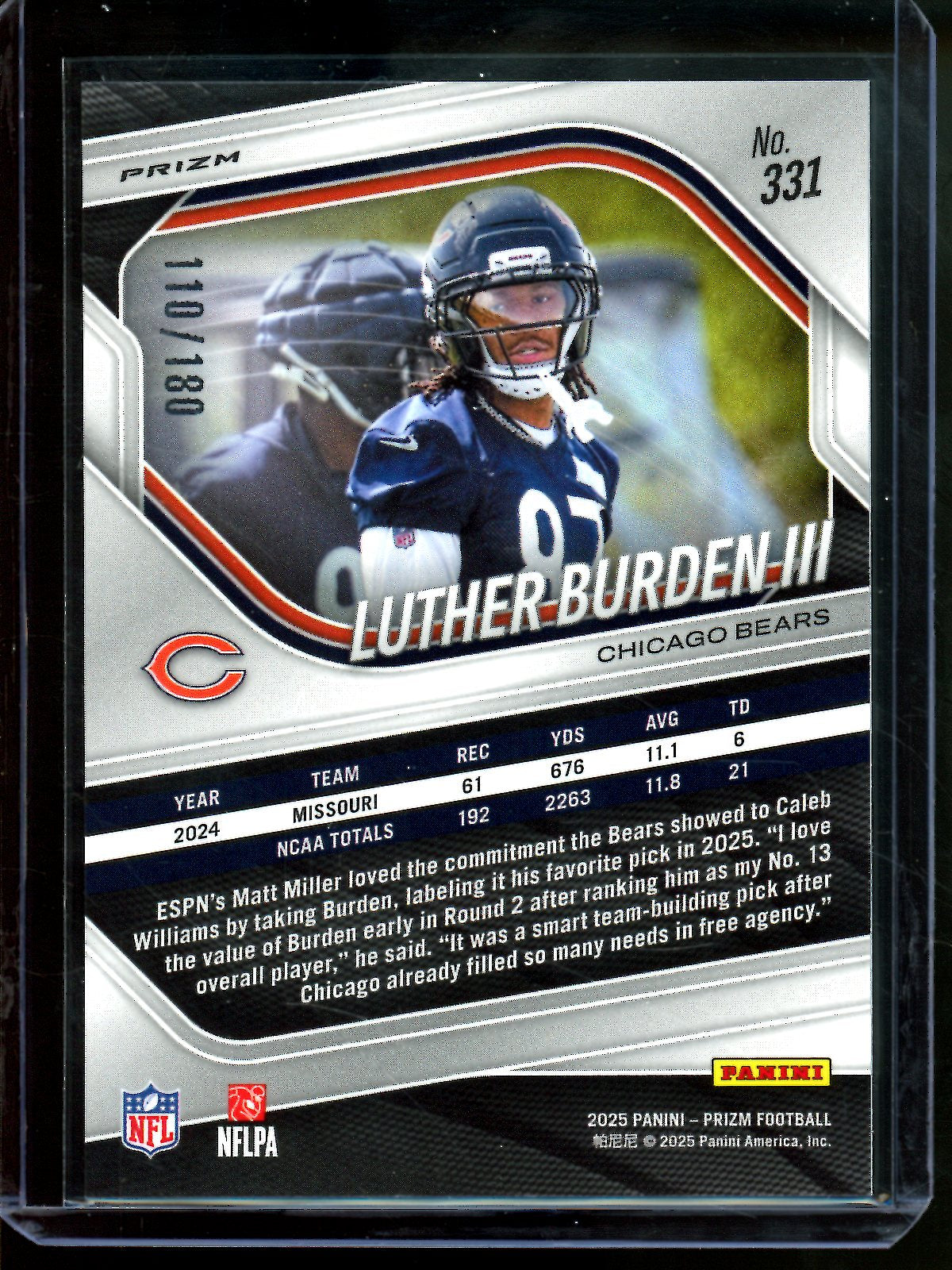 2025 Panini Prizm Luther Burden III Pigskin Rookie /180 Bears