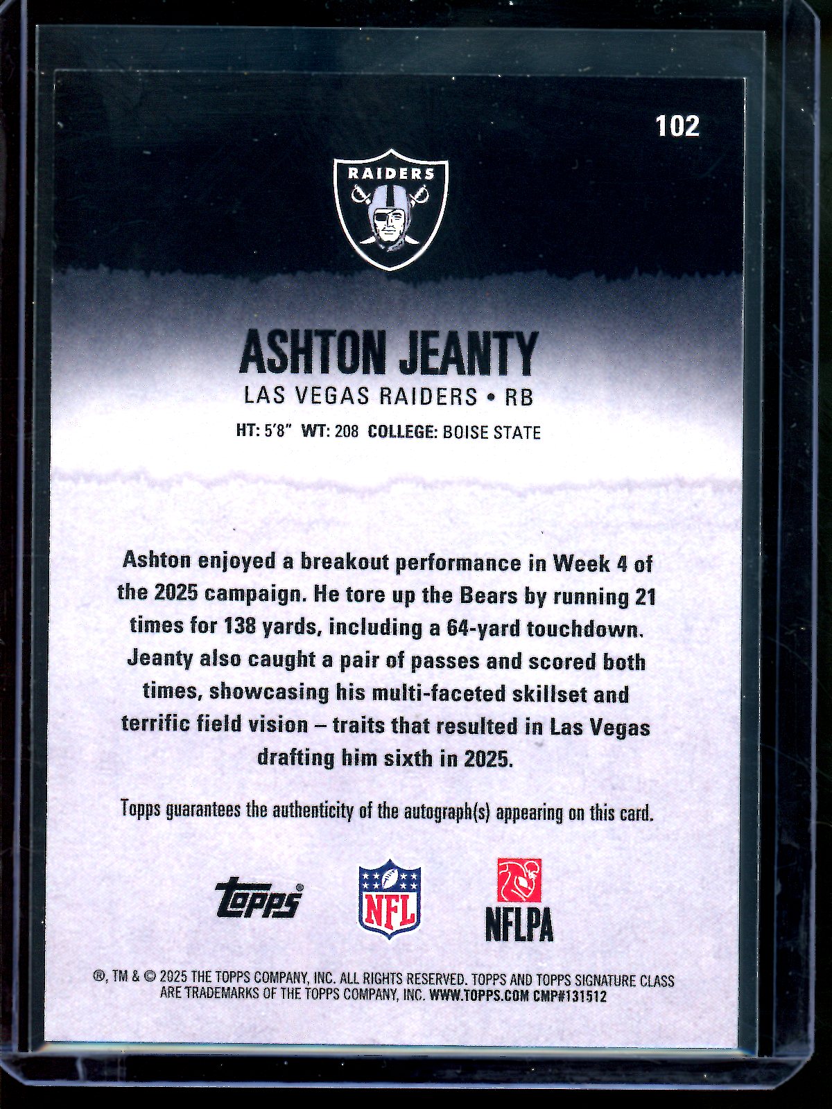 2025 Topps Signature Class Ashton Jeanty Rookie Autograph Raiders