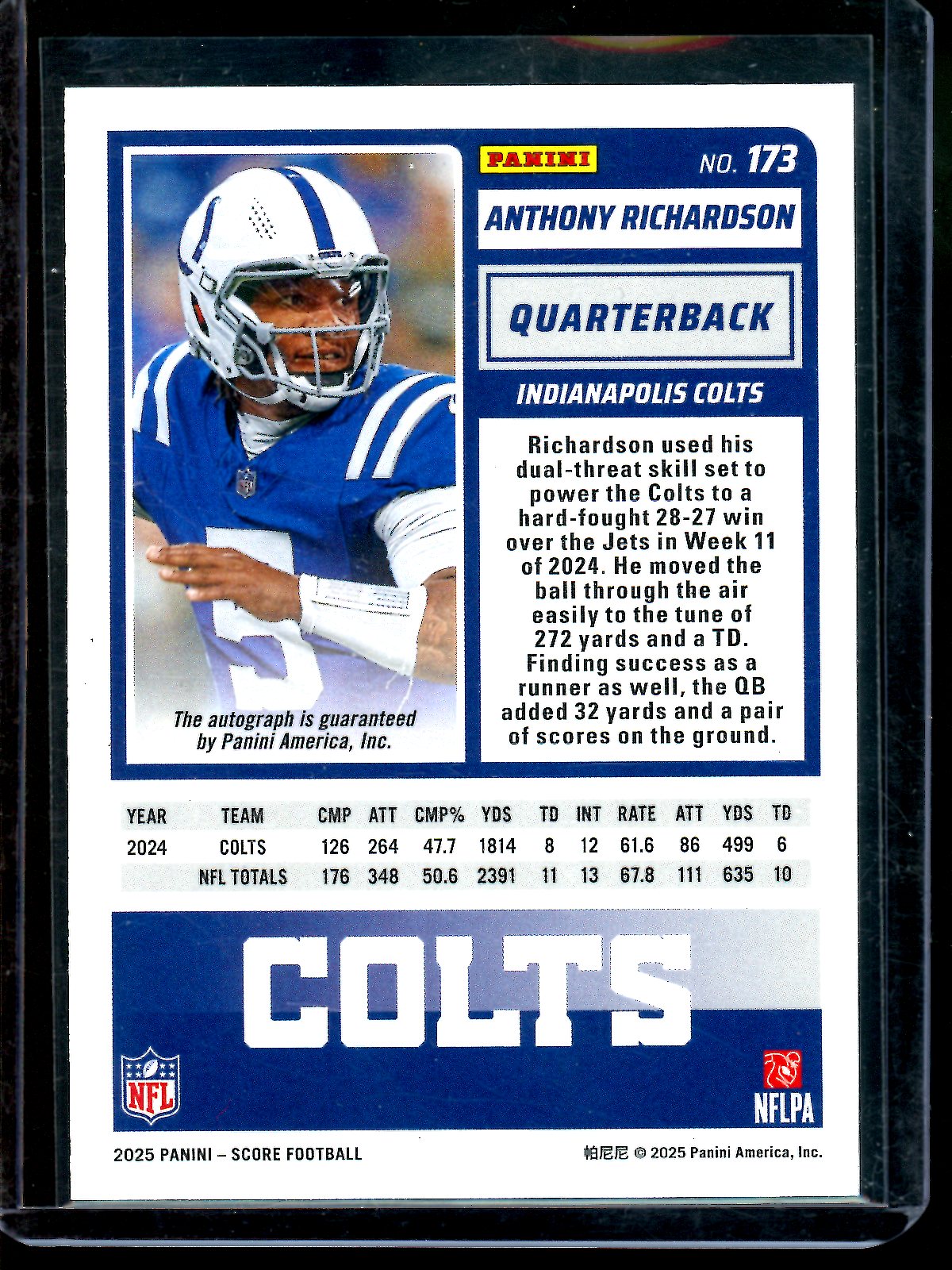 2025 Panini Score Anthony Richardson Gold Autograph /50 Colts