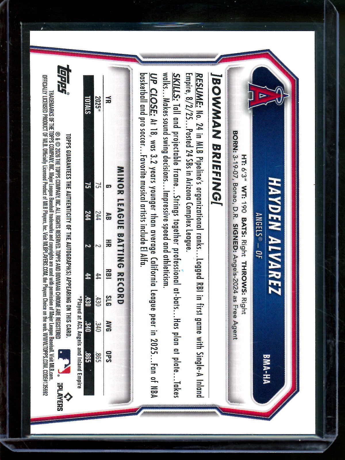 2026 Bowman Chrome Hayden Alvarez Mojo Autograph Blue /150 Angels