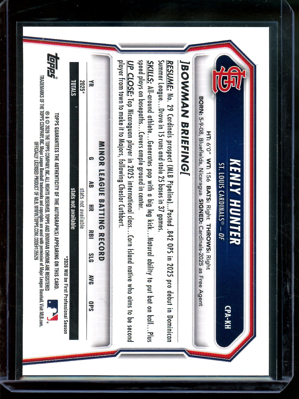 2026 Bowman Chrome Kenly Hunter 1st Green Shimmer Autograph /99 Cardinals
