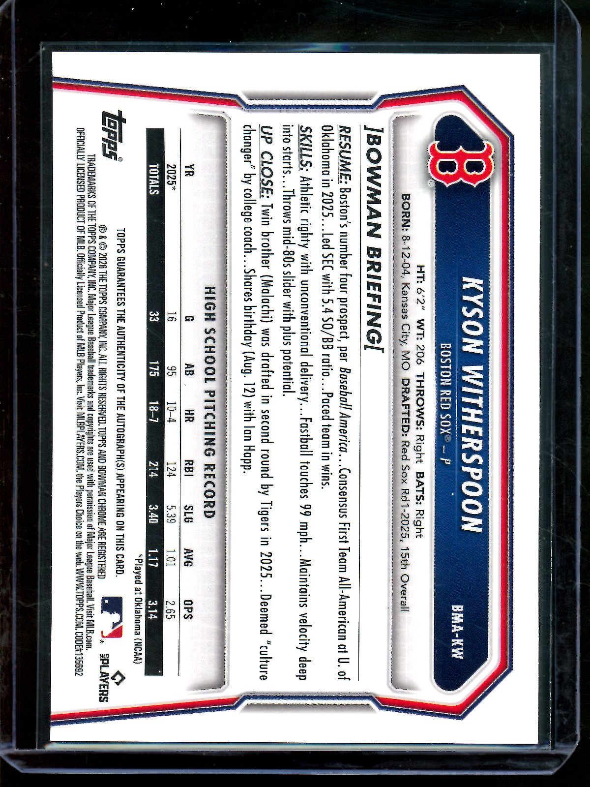 2026 Bowman Chrome Kyson Witherspoon Red Mojo Autograph /5 Red Sox