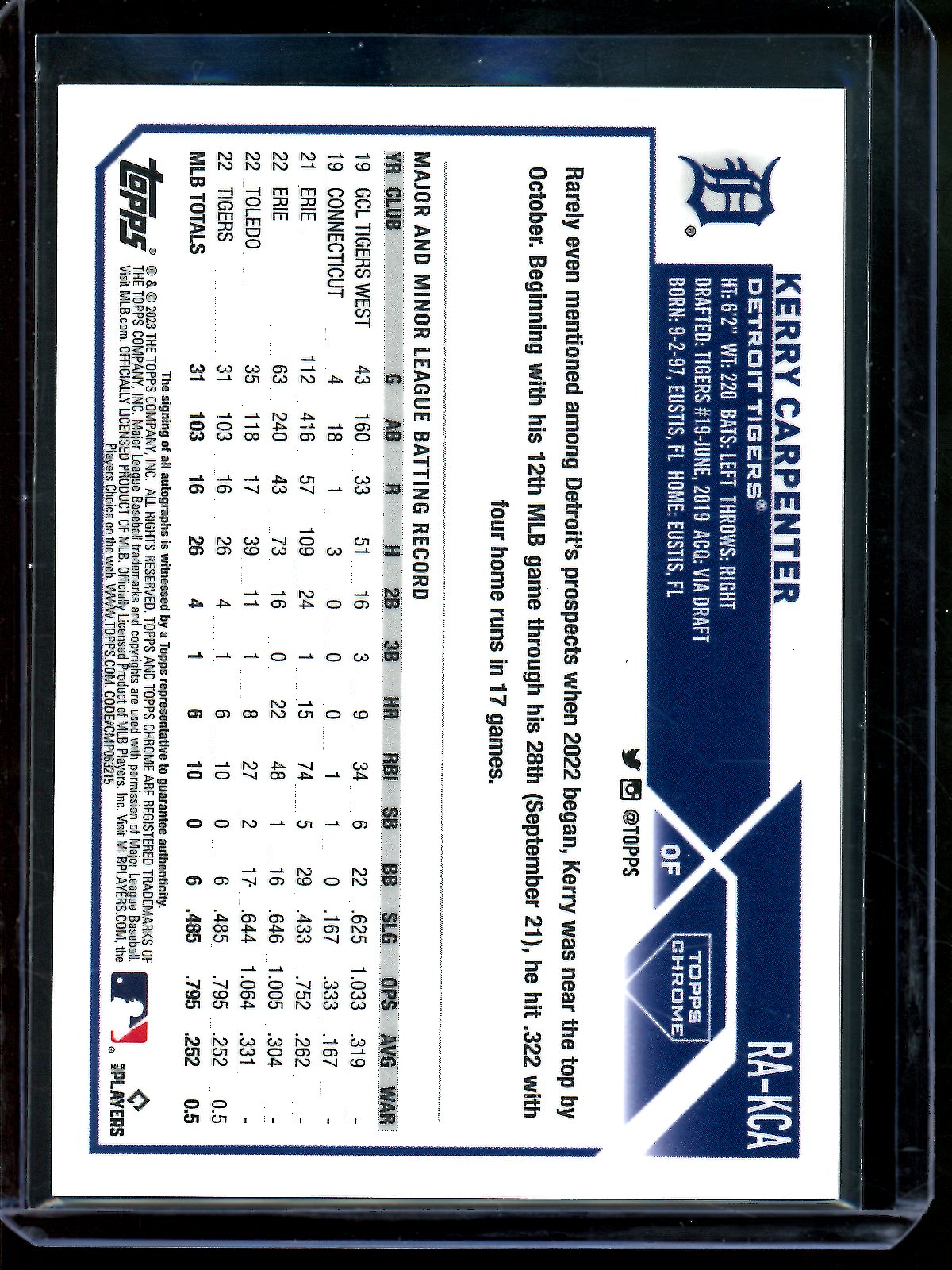 2023 Topps Chrome Kerry Carpenter Gold Shimmer Rookie Autograph /50 Tigers