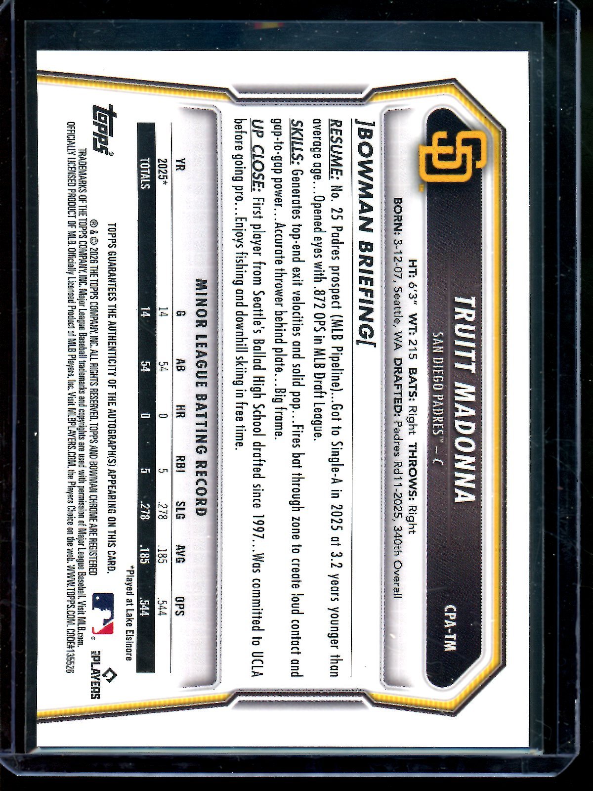 2026 Bowman Chrome Truitt Madonna 1st Purple Autograph /250 Padres - Trading Card Market