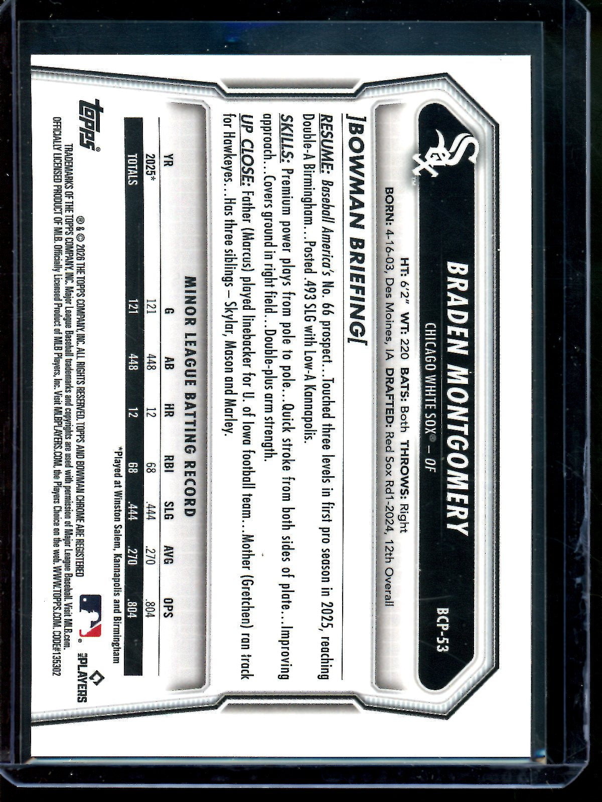 2026 Bowman Chrome Braden Montgomery Gold Geometric Refractor /50 White Sox