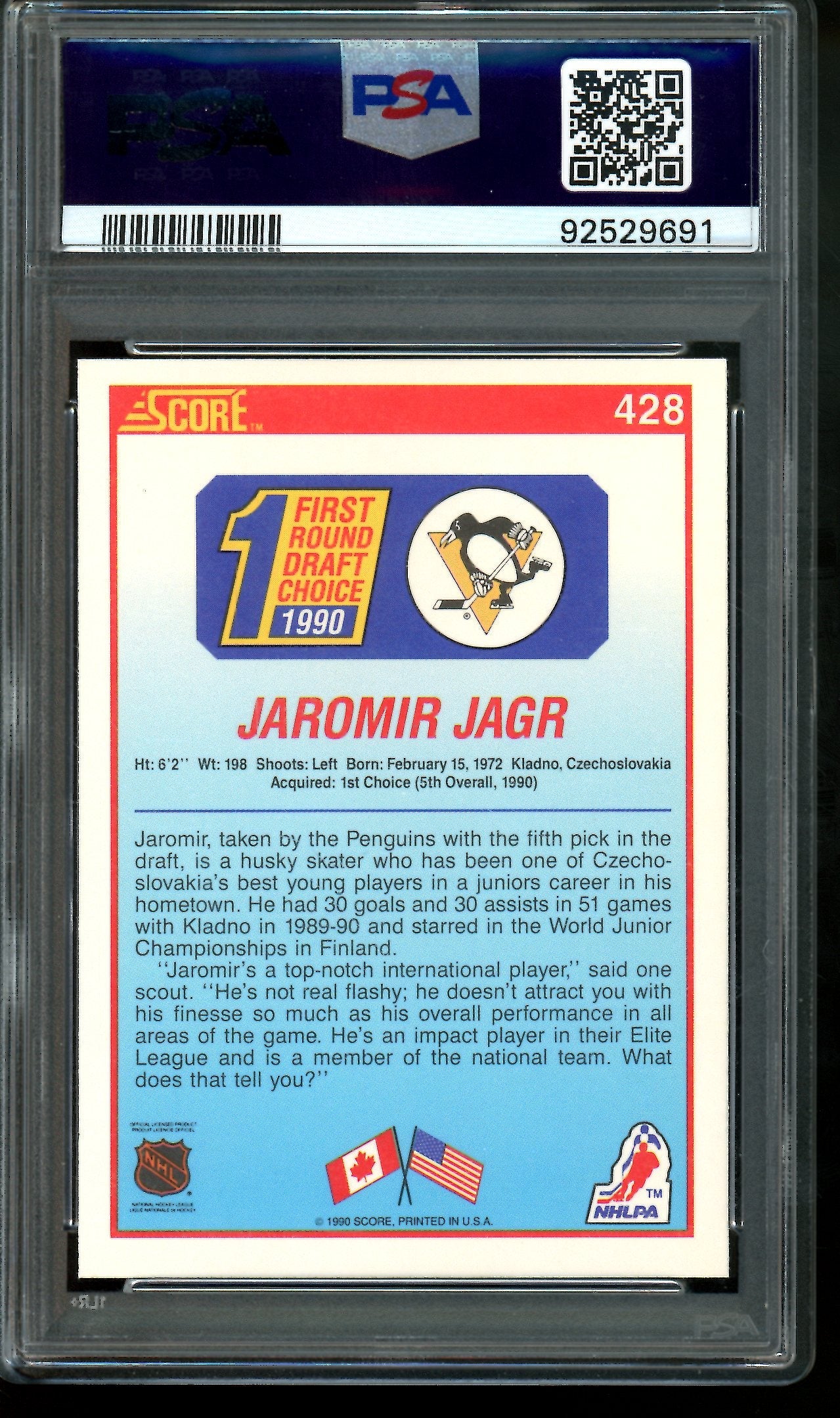 1990 Score Draft Picks Jaromir Jagr PSA 9 Penguins