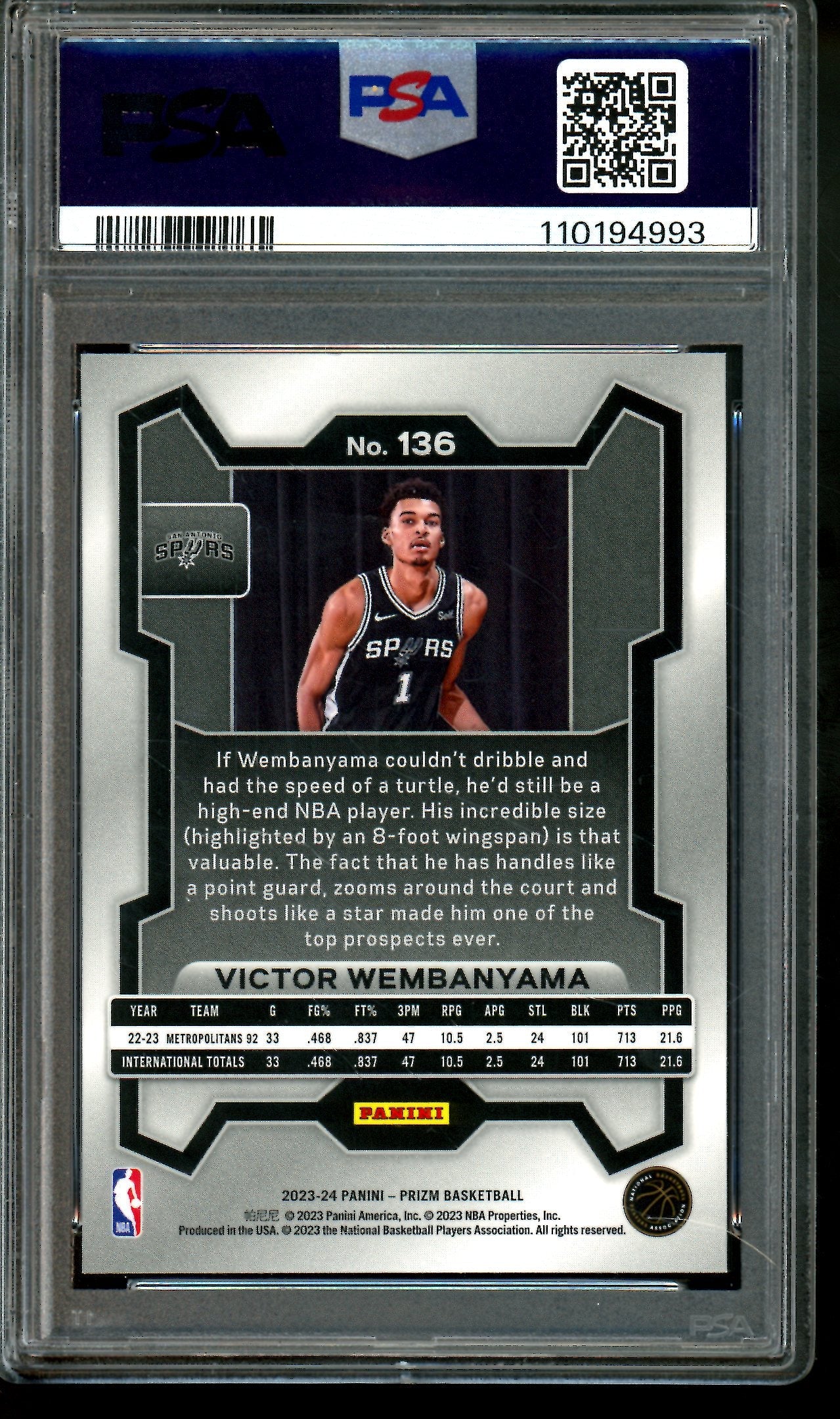 2023 Panini Prizm Victor Wembanyama Rookie PSA 9 Spurs
