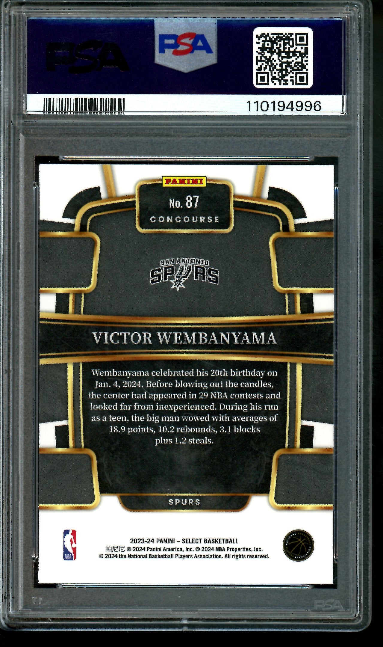 2023 Panini Select Victor Wembanyama Blue Rookie PSA 9 Spurs