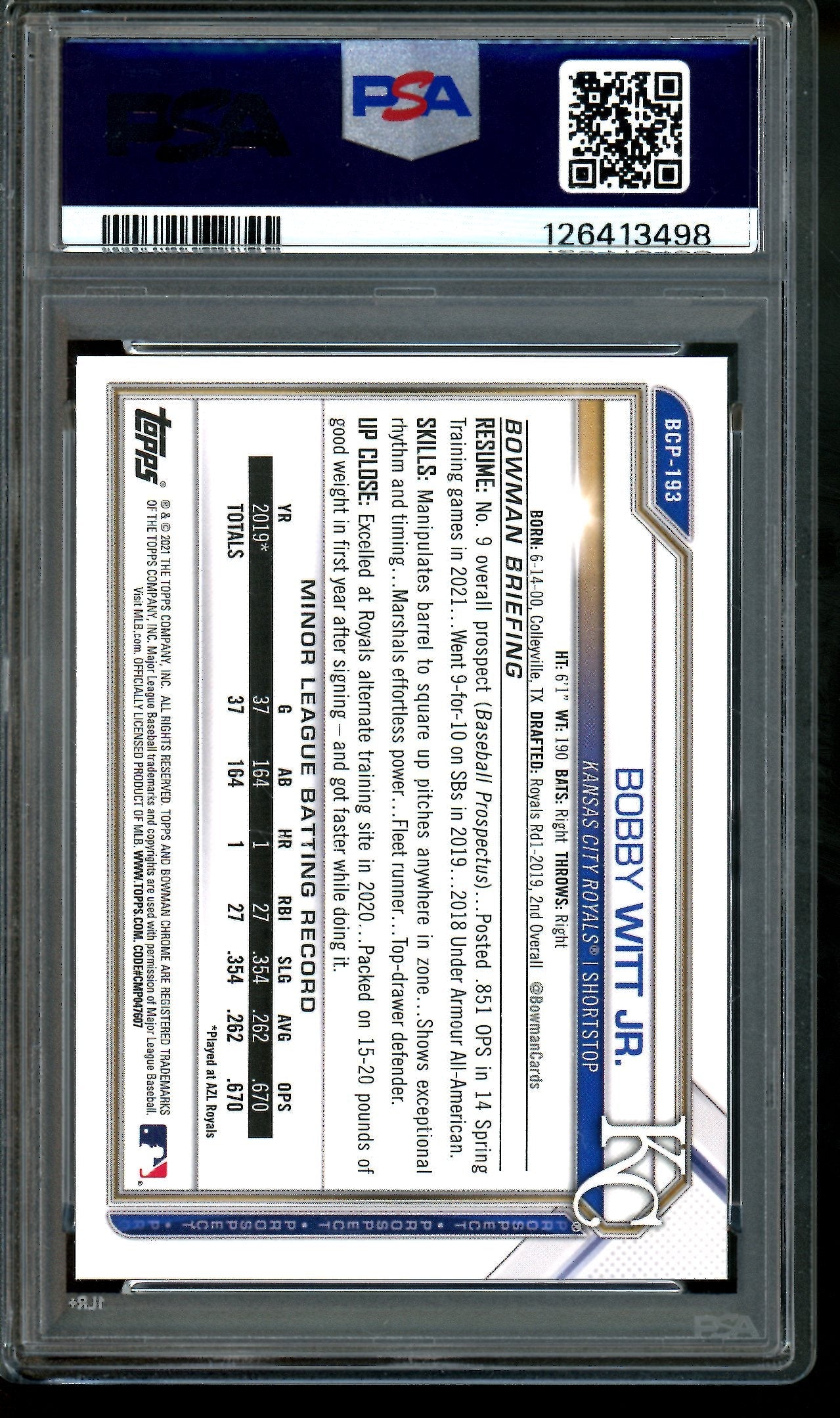 2021 Bowman Chrome Bobby Witt Jr Green Shimmer PSA 9 Royals