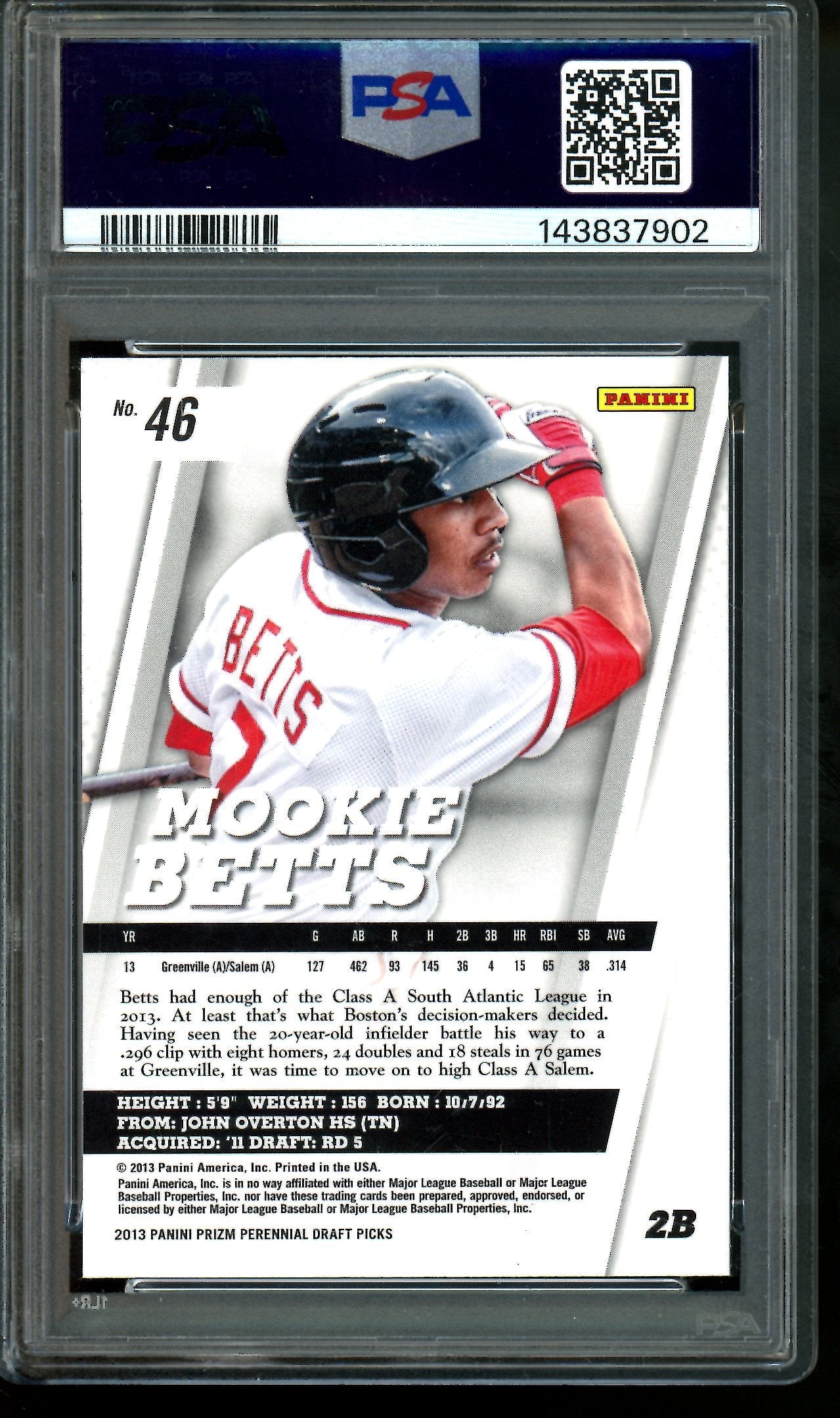 2014 Panini Prizm Draft Picks Mookie Betts PSA 9 Red Sox