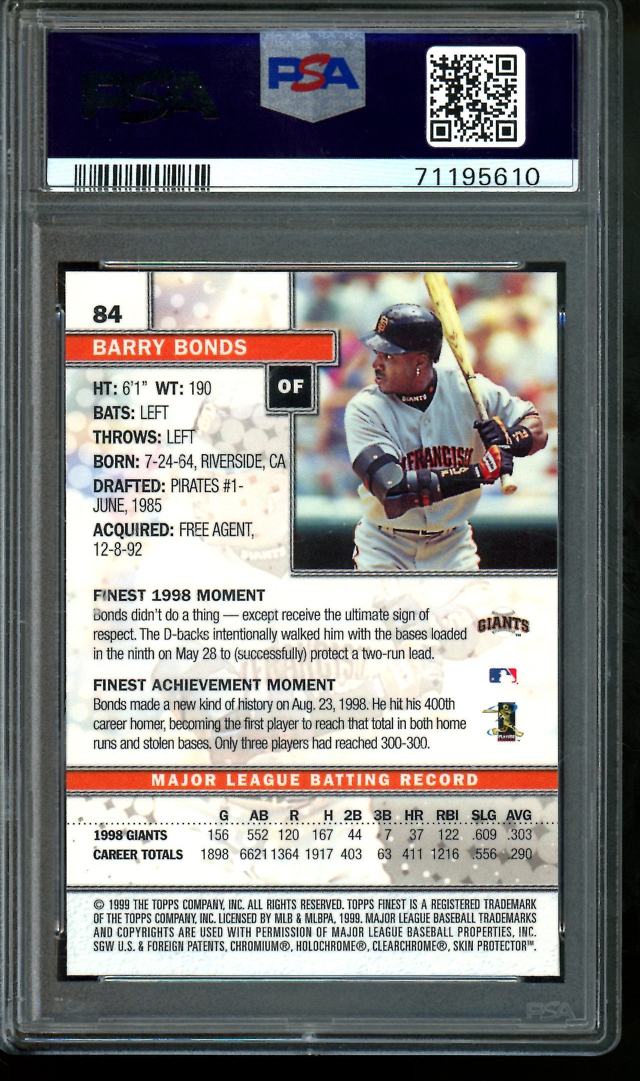 1999 Topps Finest Barry Bonds w/Coating PSA 8 Giants