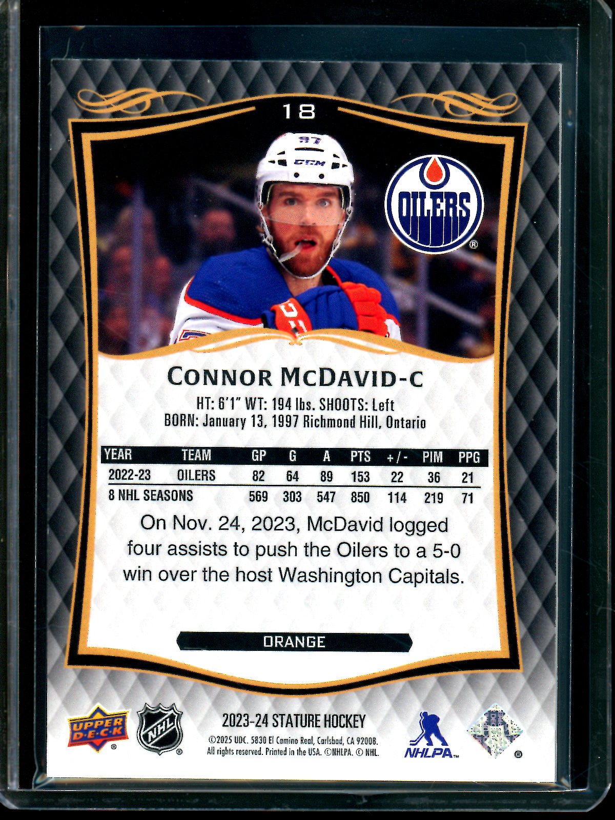 2025 Upper Deck Stature Connor McDavid Orange Refractor /199 Oilers