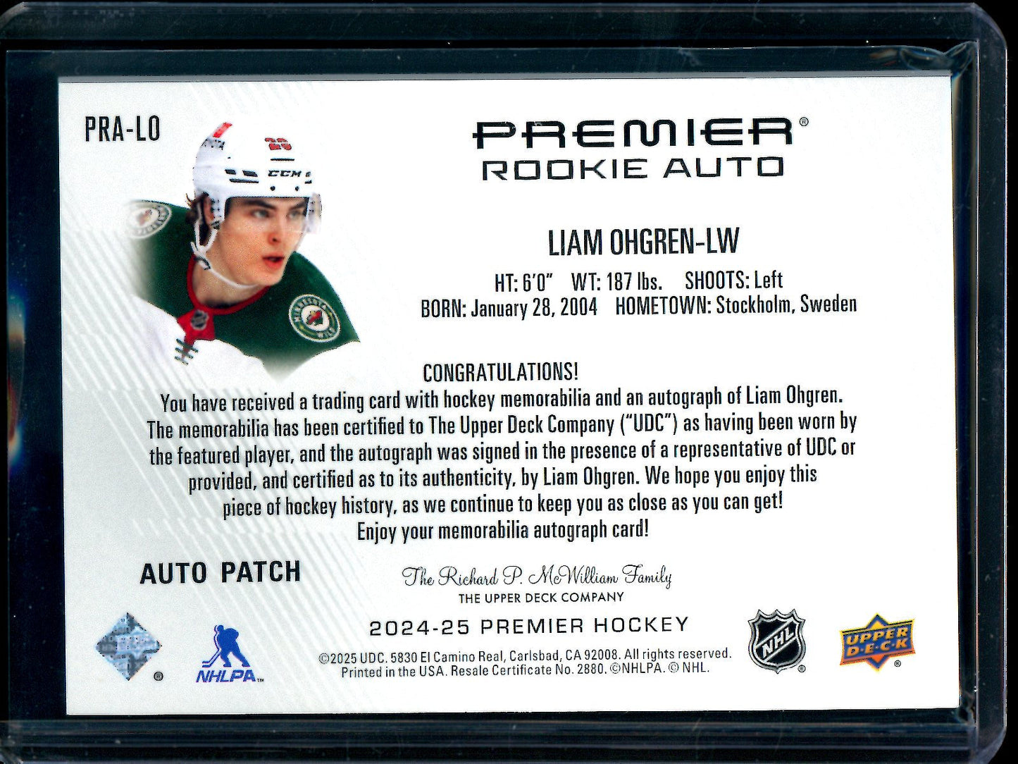 2025 Upper Deck Premier Liam Ohgren Rookie Patch Autograph /15 Wild