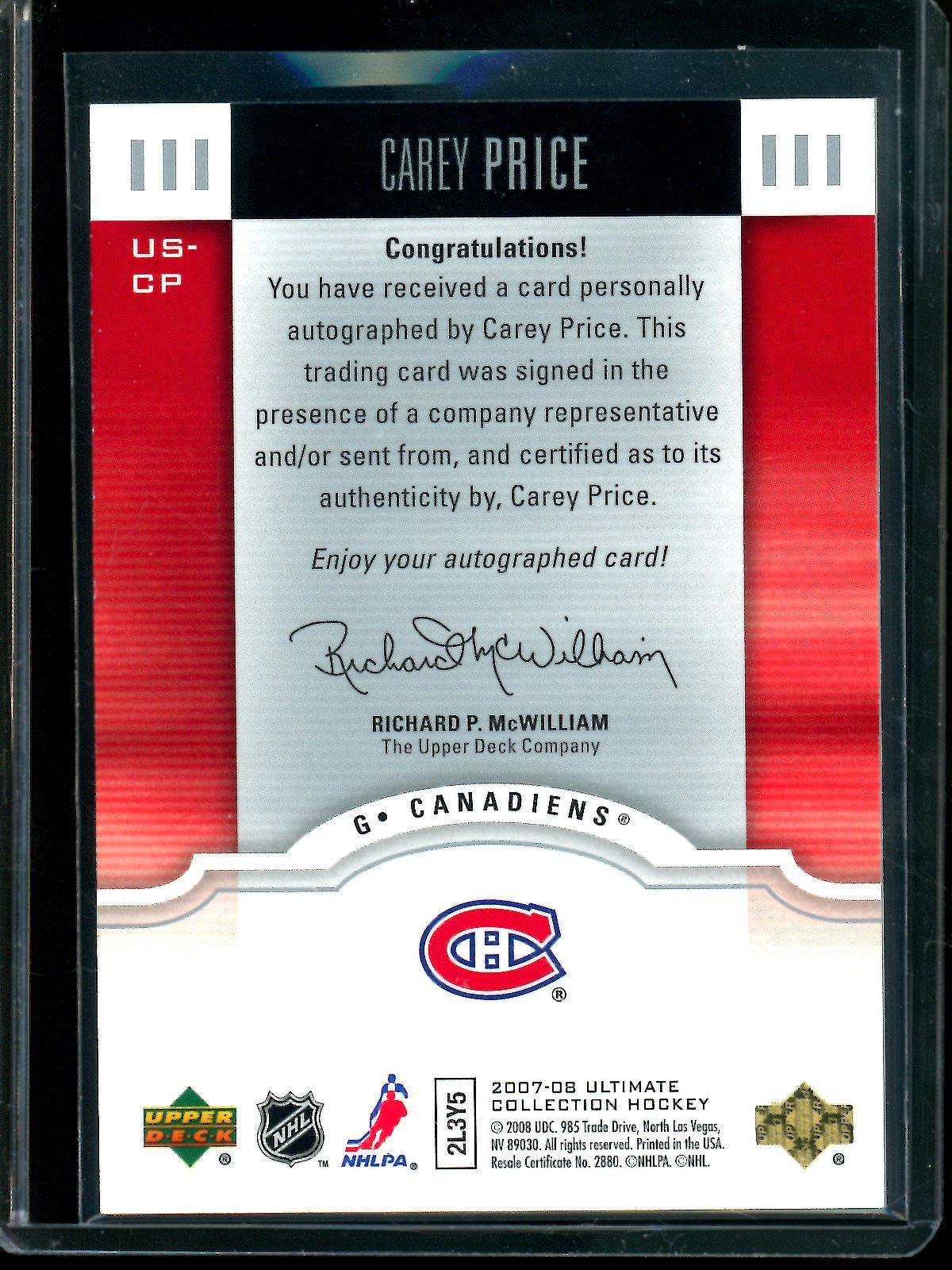 2008 Upper Deck Ultimate Collection Carey Price Rookie Autograph Canadiens - Trading Card Market
