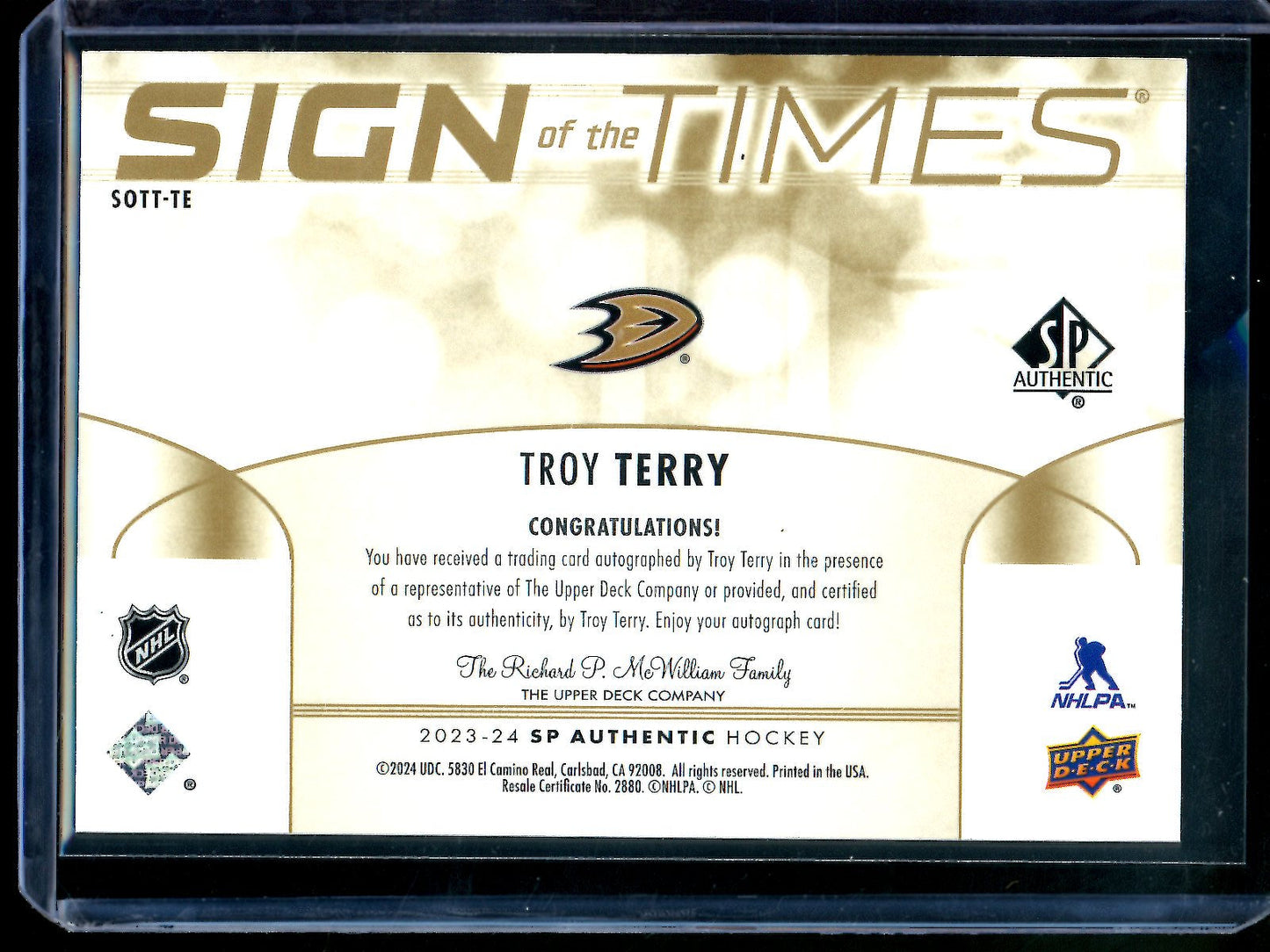 2023 Upper Deck SP Authentic Troy Terry Sign of the Times Gold Inscribed Autograph /25 Ducks