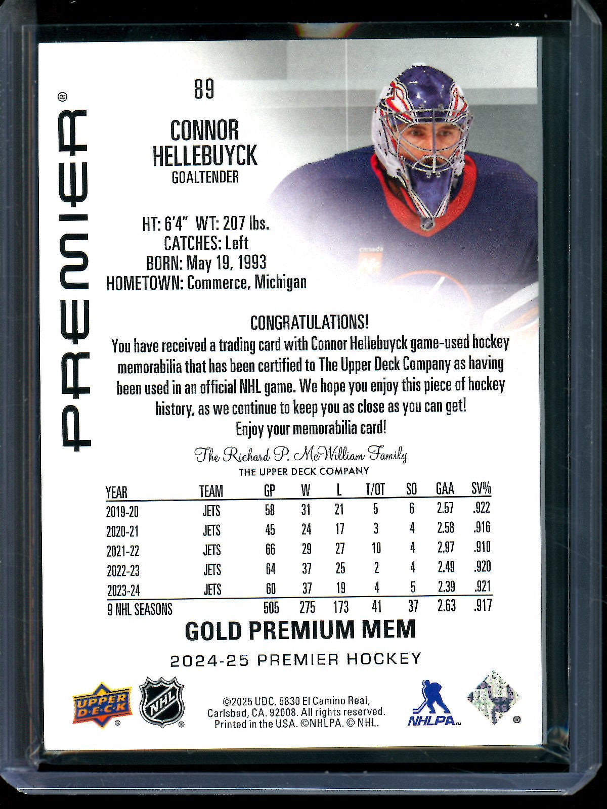 2025 Upper Deck Premier Connor Hellebuyck Gold Premium Memorabilia /25 Jets