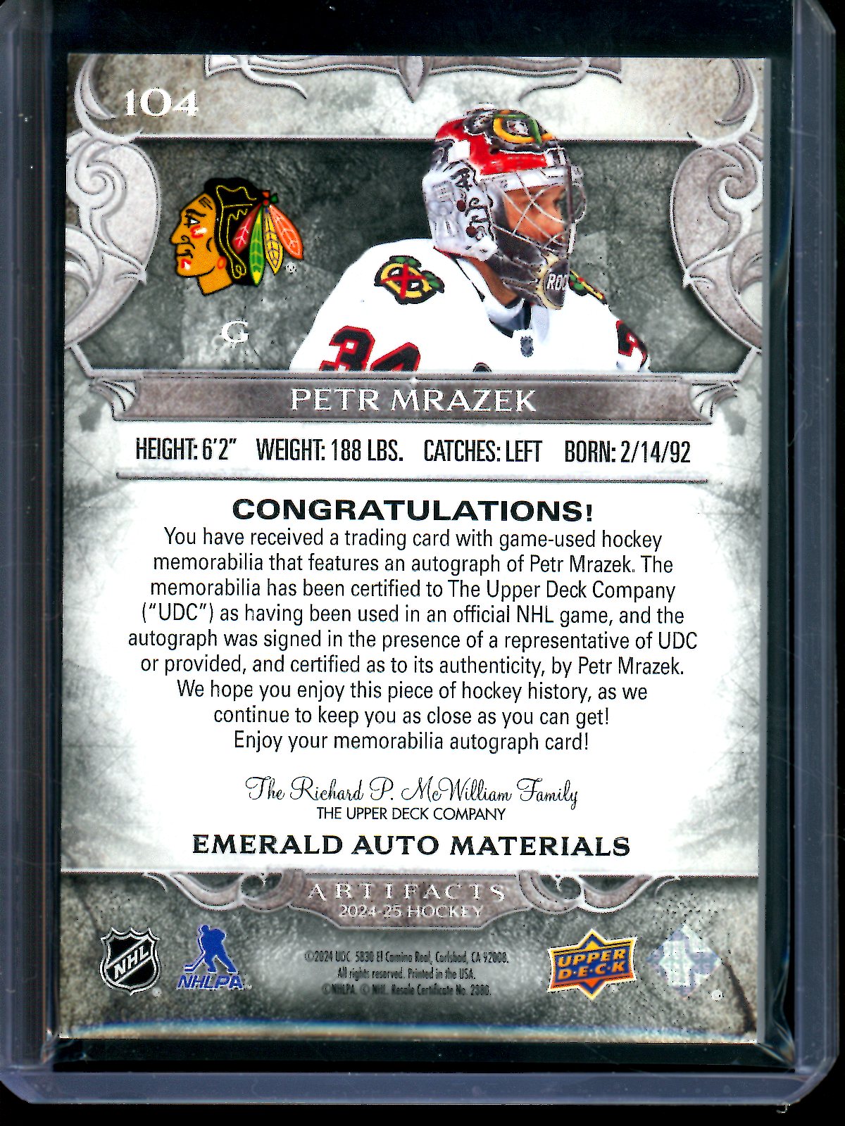 2024 Upper Deck Artifacts Petr Mrazek Emerald Autograph Materials /15 Blackhawks