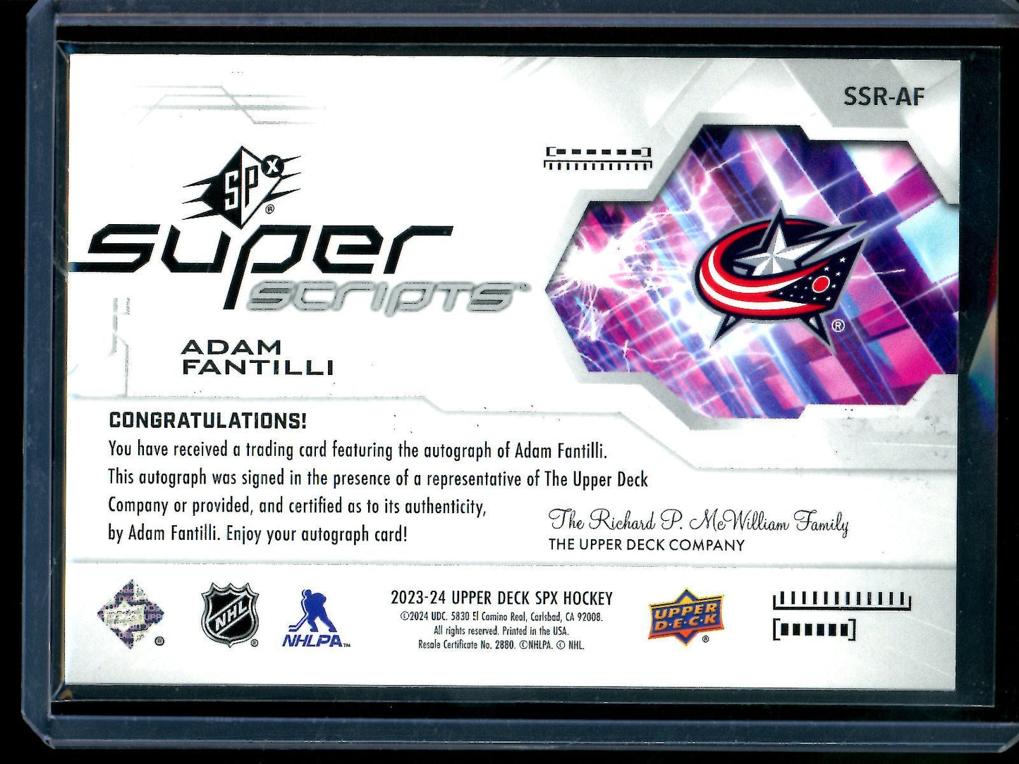 2023 Upper Deck SPX Adam Fantilli Rookie Super Scripts Autograph Blue Jackets - Trading Card Market