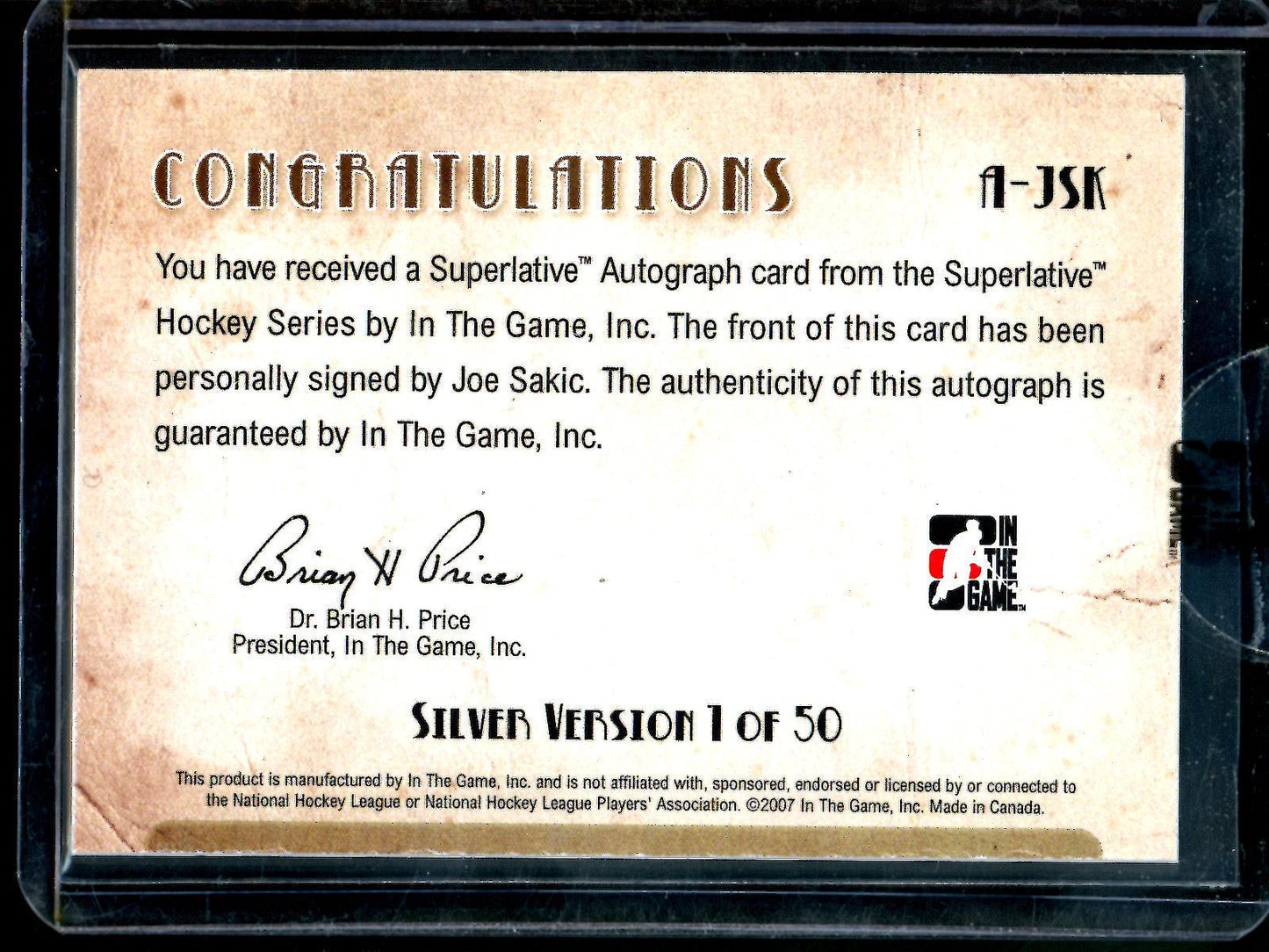 2007 In The Game Superlative Joe Sakic Autograph Sealed 1 of 50 Avalanche - Trading Card Market