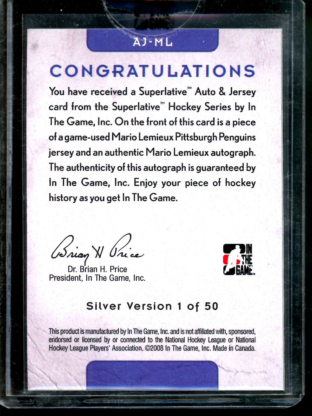 2008 In The Game Superlative Mario Lemieux Jersey Autograph Sealed 1 of 50 Penguins - Trading Card Market