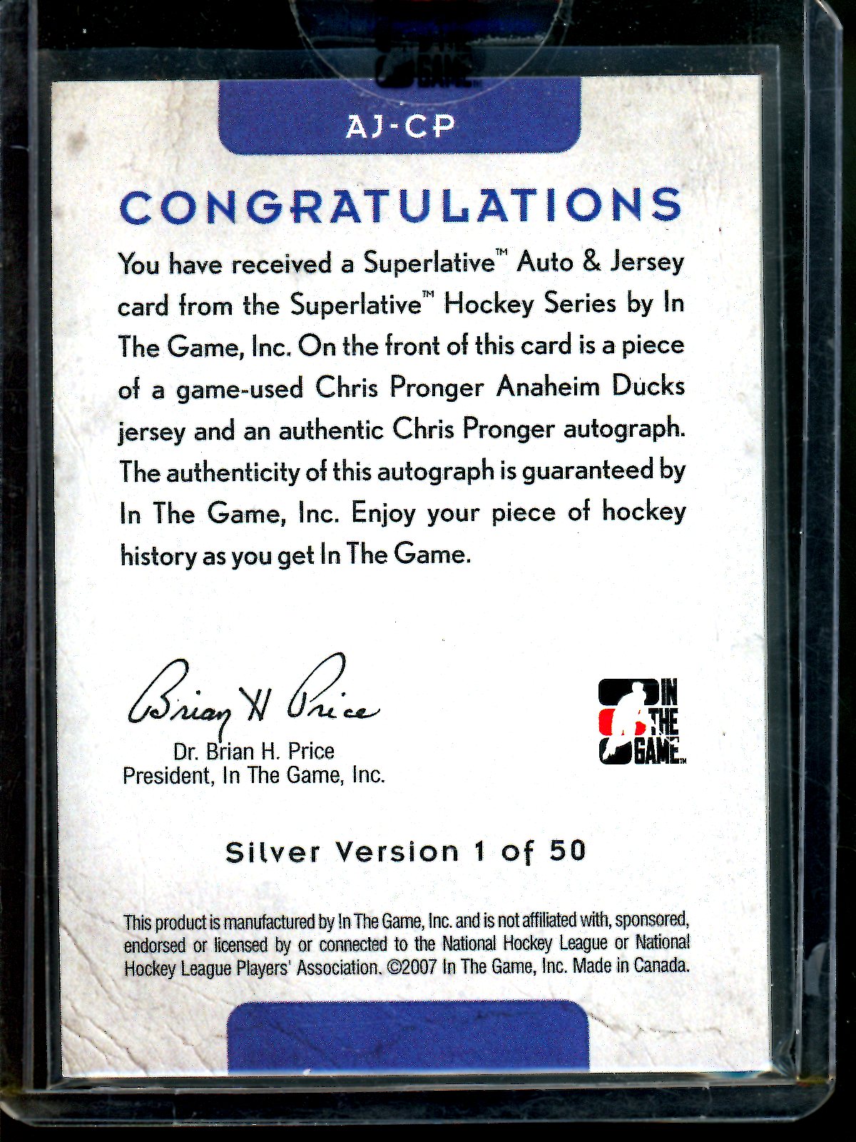 2007 In The Game Superlative Chris Pronger Autograph Jersey Sealed 1 of 50 Blues