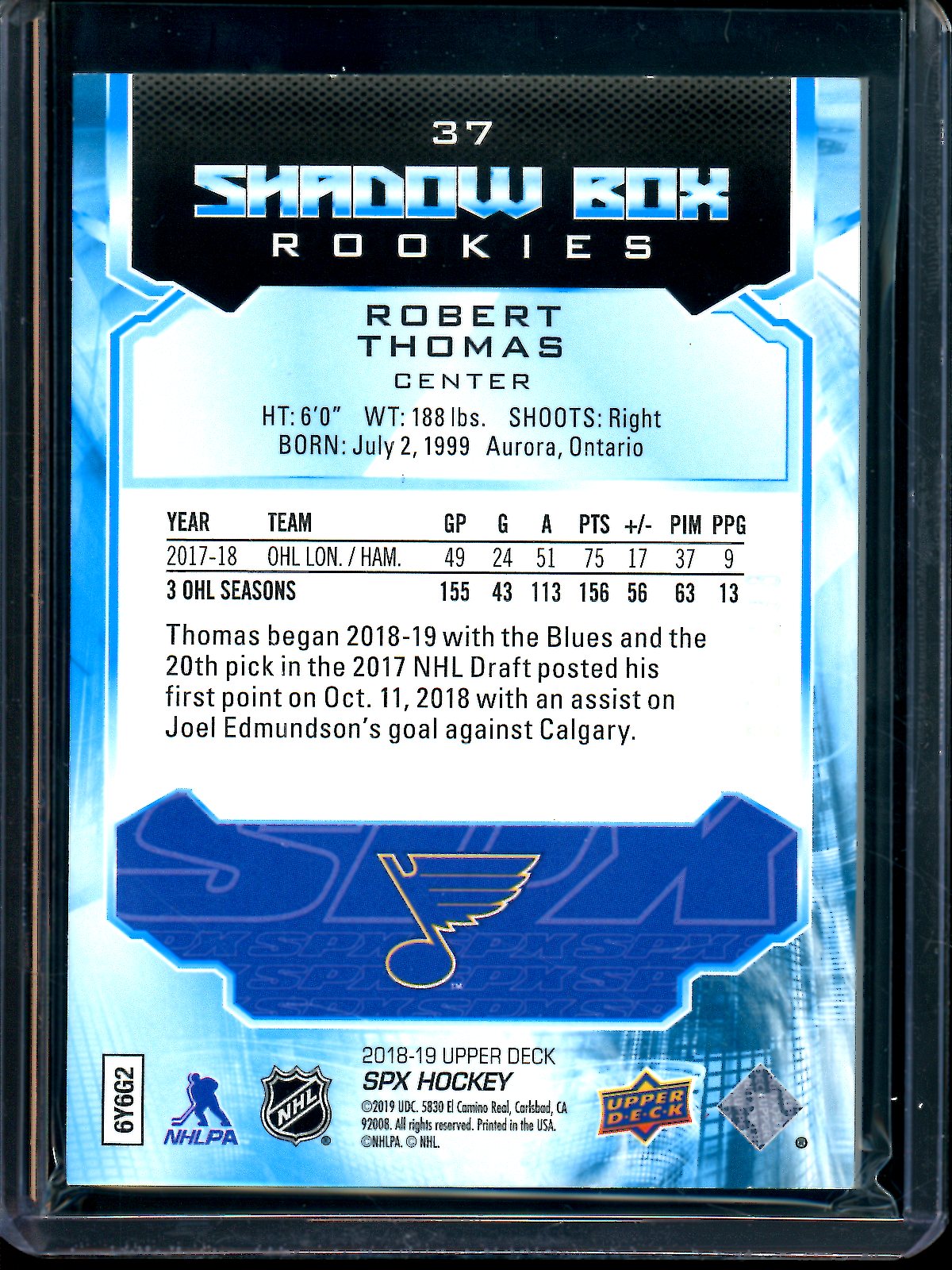 2019 Upper Deck SPX Robert Thomas Shadow Box Rookies SP Blues