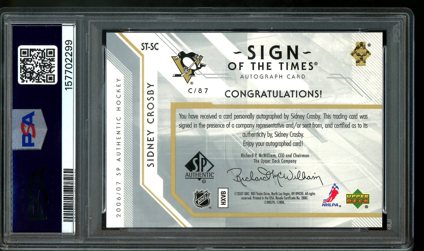 2006 Upper Deck SP Authentic Sidney Crosby Sign of the Times Autograph PSA 9 Penguins
