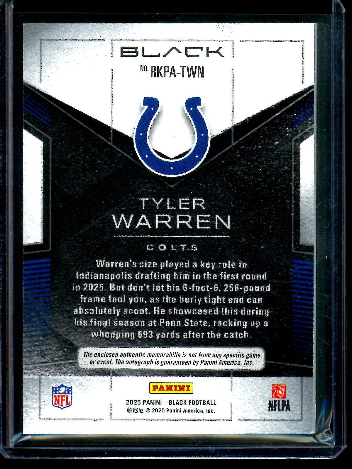 2025 Panini Black Tyler Warren Rookie Patch Autograph /99 Colts