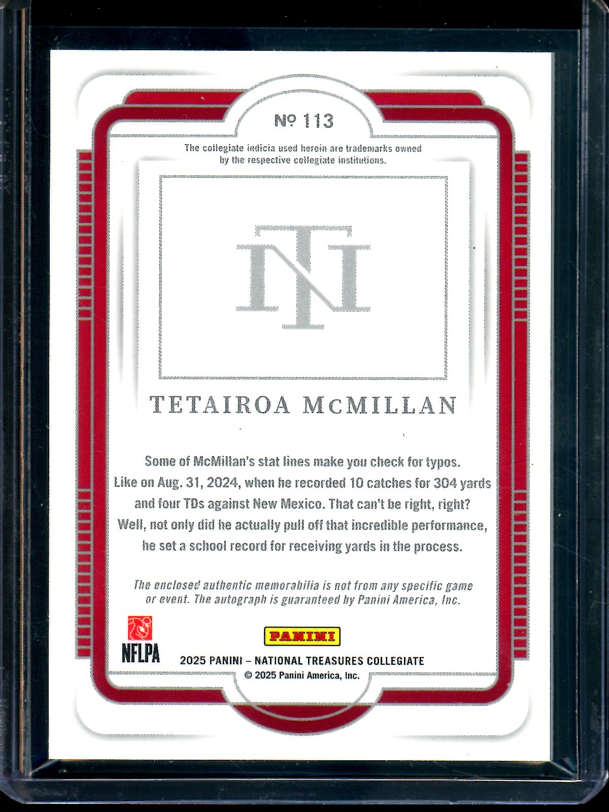 2025 Panini National Treasures Tetairoa McMillan Rookie Patch Autograph /49 Arizona