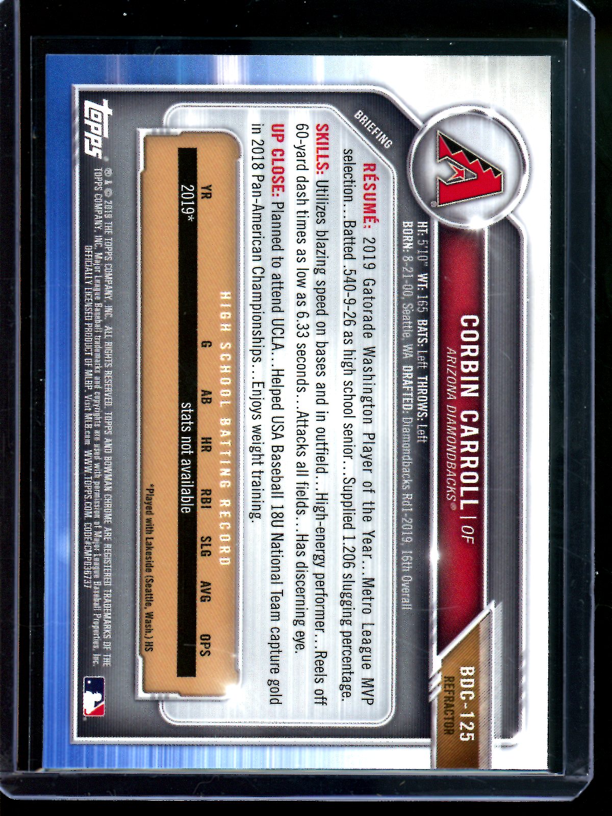 2019 Bowman Chrome Corbin Carroll 1st Refractor Diamondbacks