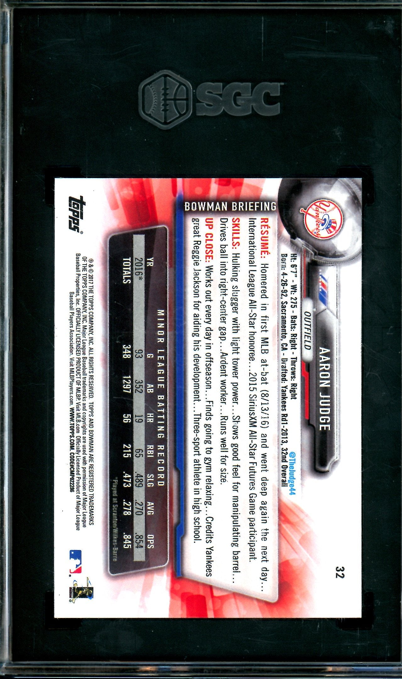 2017 Bowman Aaron Judge Rookie Card #32 SGC 9.5 Yankees