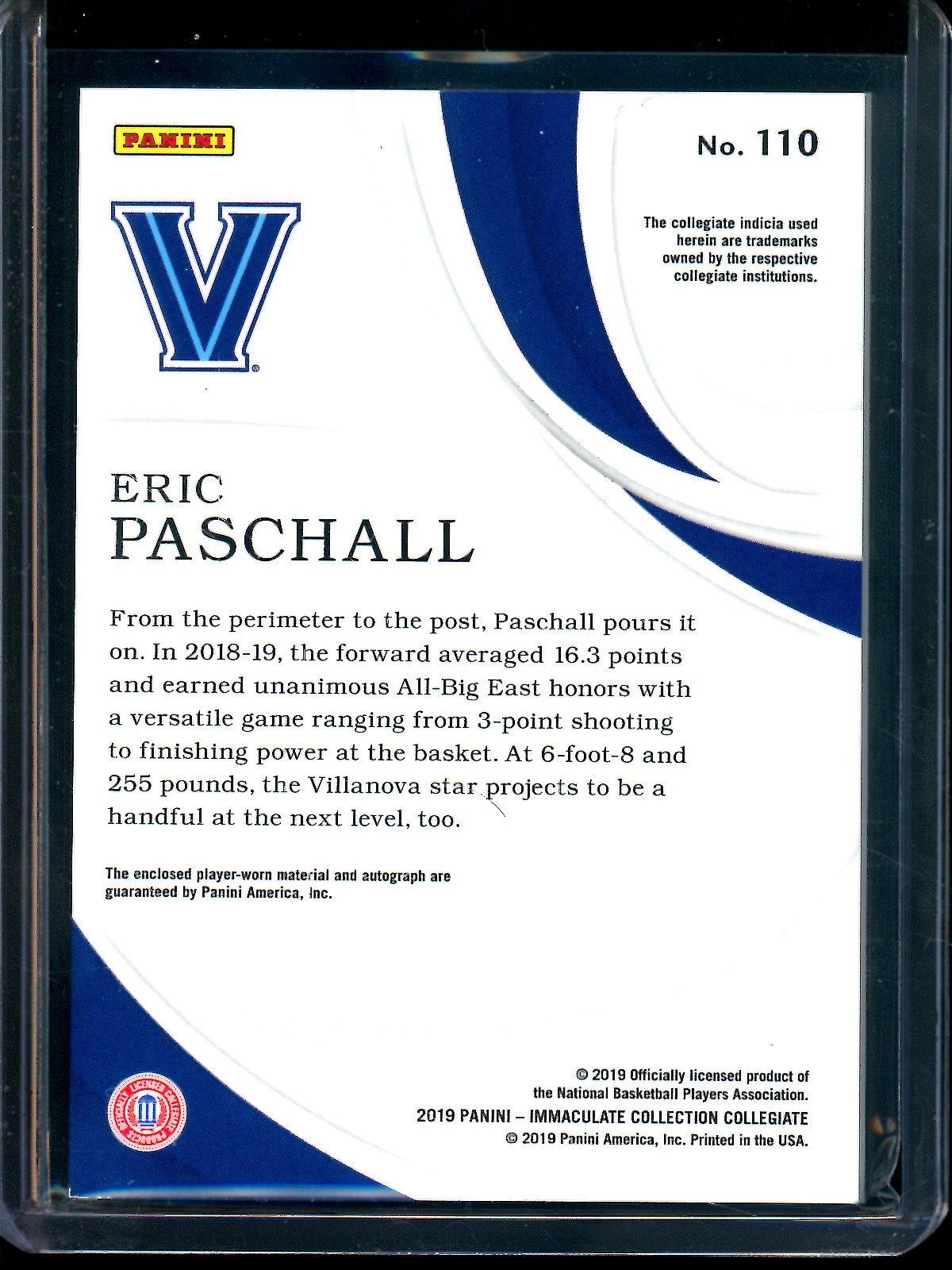 2019 Panini Immaculate Eric Paschall Rookie Patch Autograph /99 Villanova