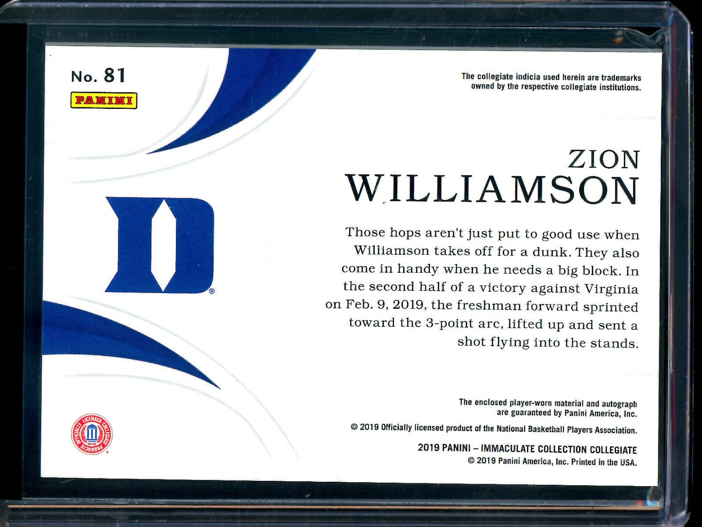 2019 Panini Immaculate Zion Williamson Tag Rookie Patch Autograph /5 Duke