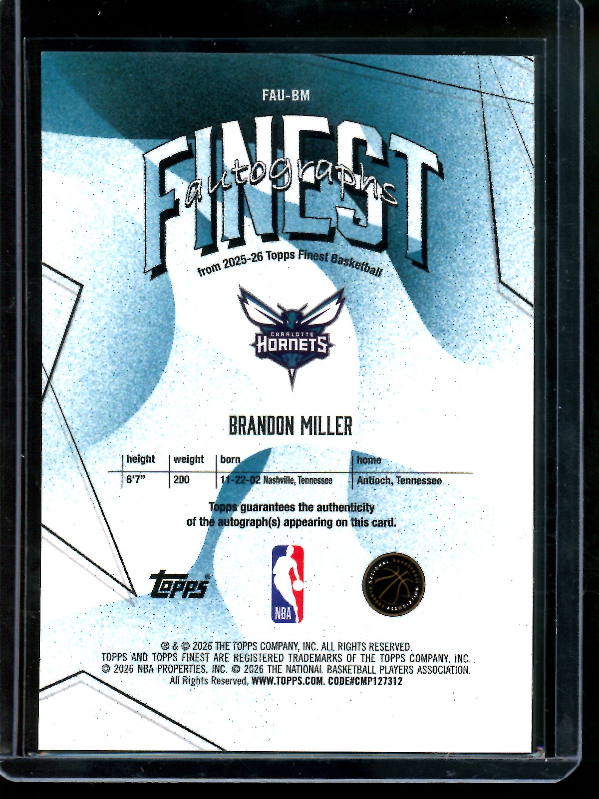 2026 Topps Finest Brandon Miller Black Geometric Autograph /25 Hornets
