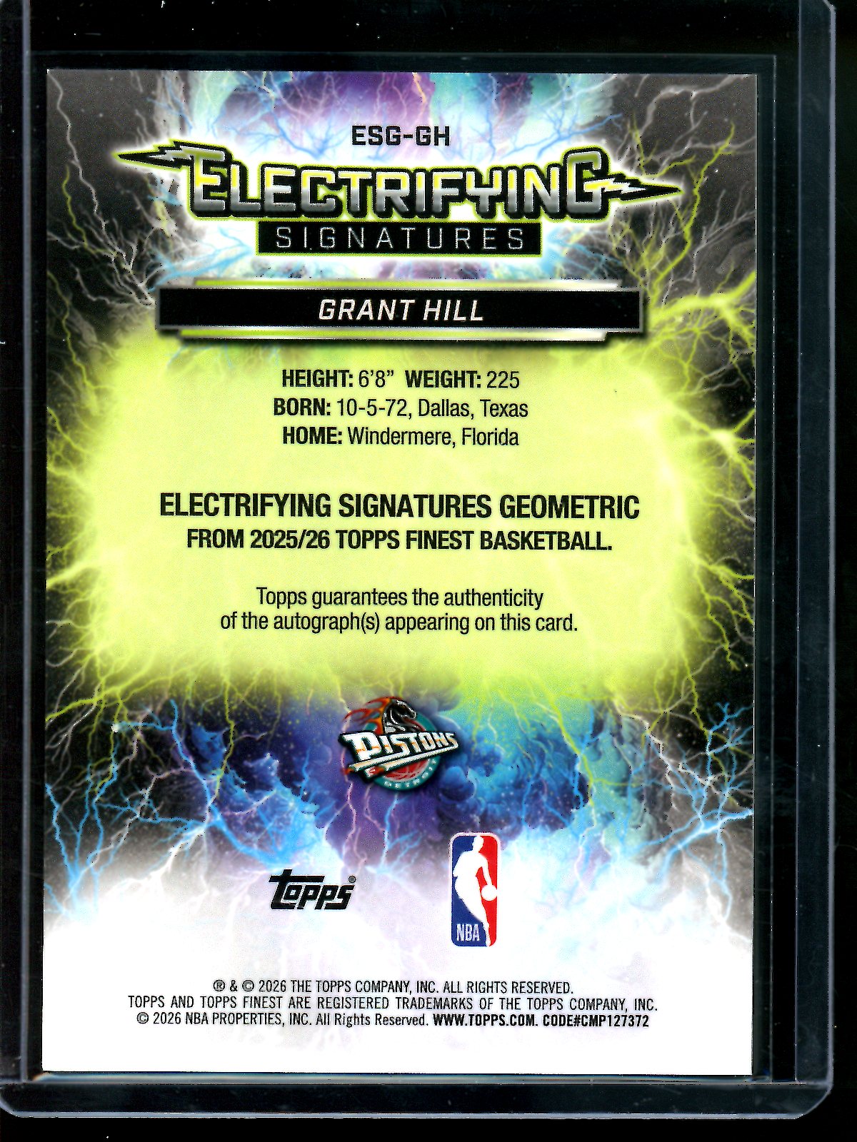 2026 Topps Finest Grant Hill Electrifying Signatures /35 Pistons