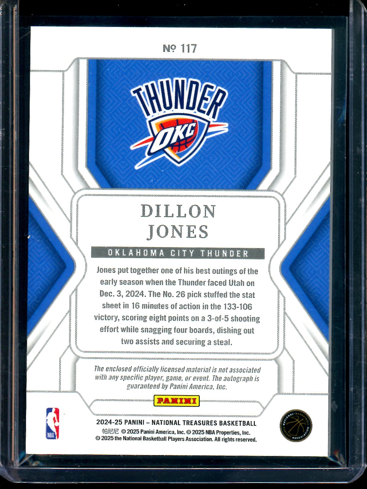 2025 Panini National Treasures Dillon Jones Rookie Patch Autograph /99 Thunder