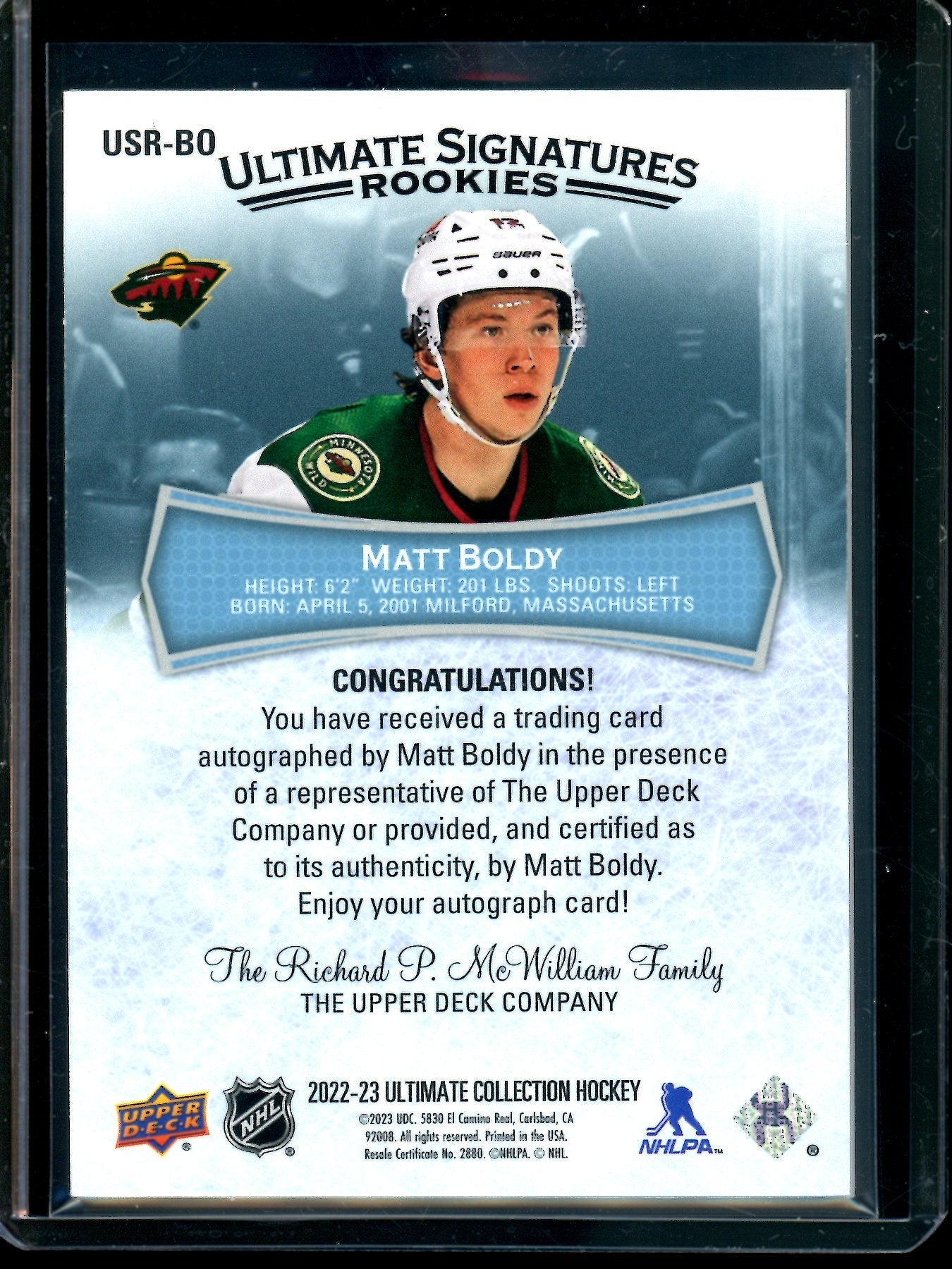 2023 Upper Deck Ultimate Matt Boldy Rookie Autograph #USR-B0 Wild
