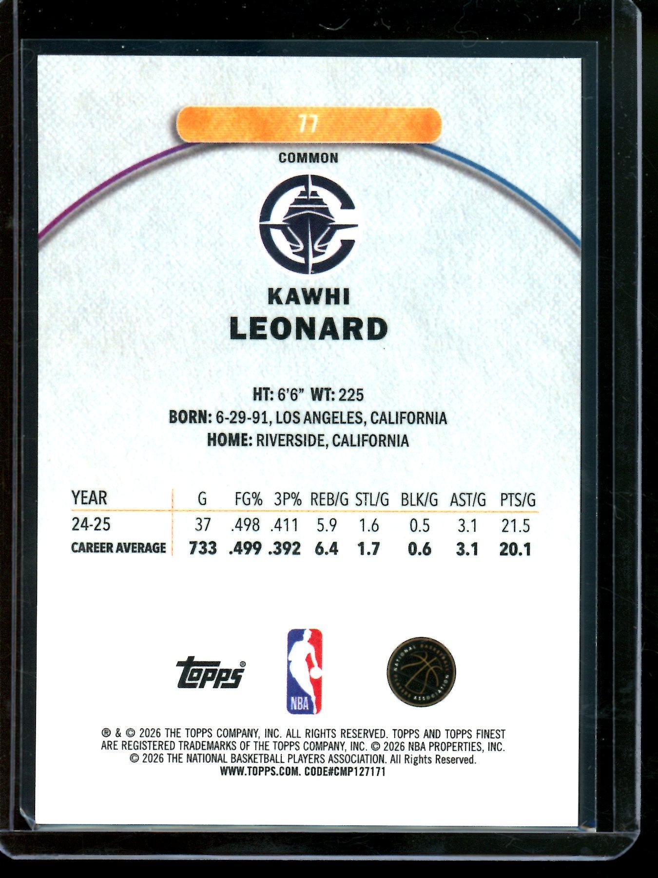 2026 Topps Finest Kawhi Leonard Orange Refractor /25 Raptors / Clippers