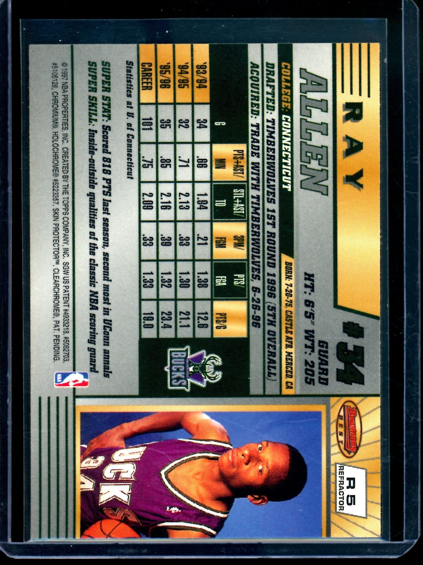 1997 Topps Bowmans Best Ray Allen Refractor Rookie #R5 Bucks