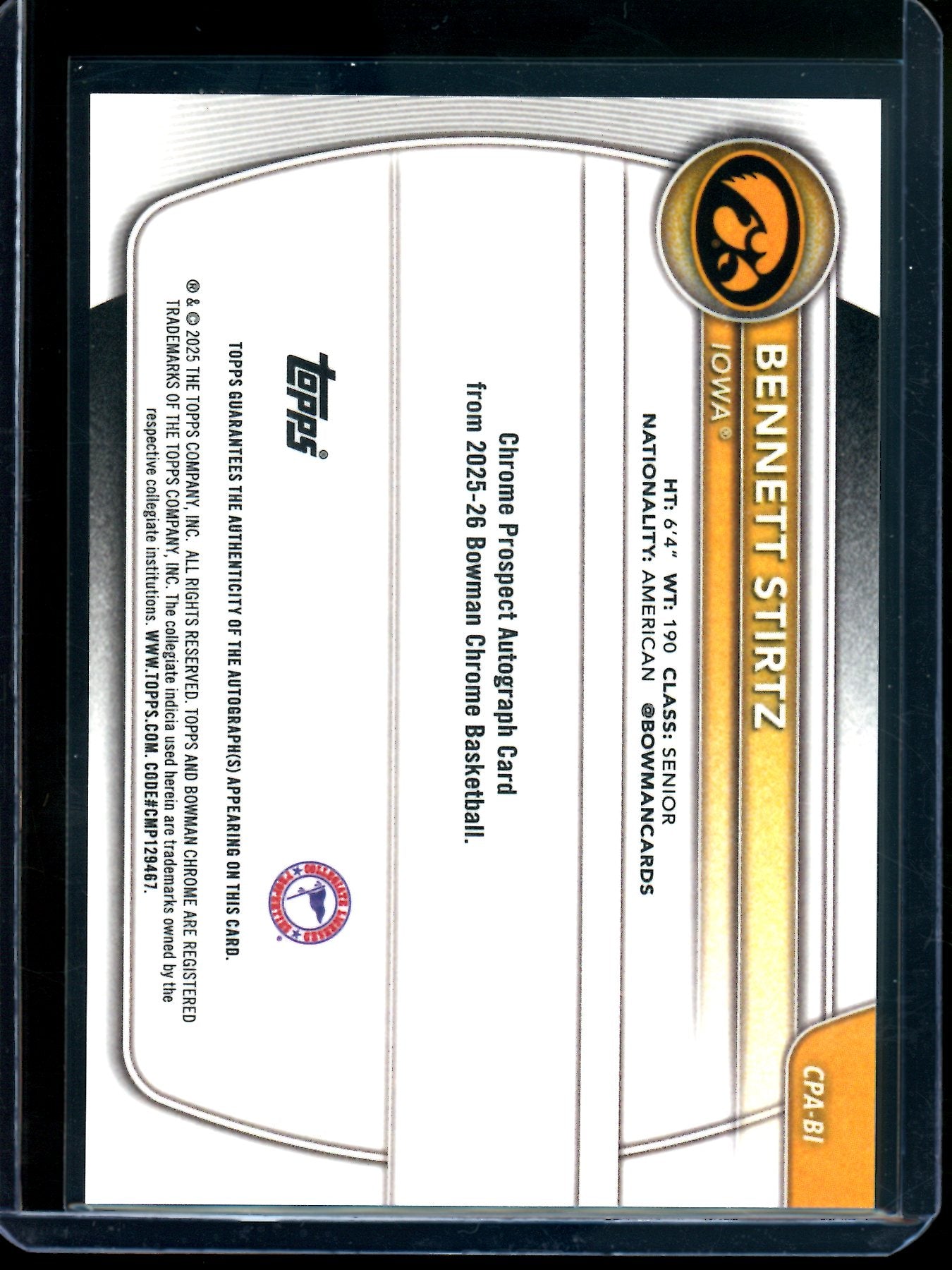2025 Bowman U Chrome Bennett Stirtz 1st Blue Refractor Autograph /150 Iowa