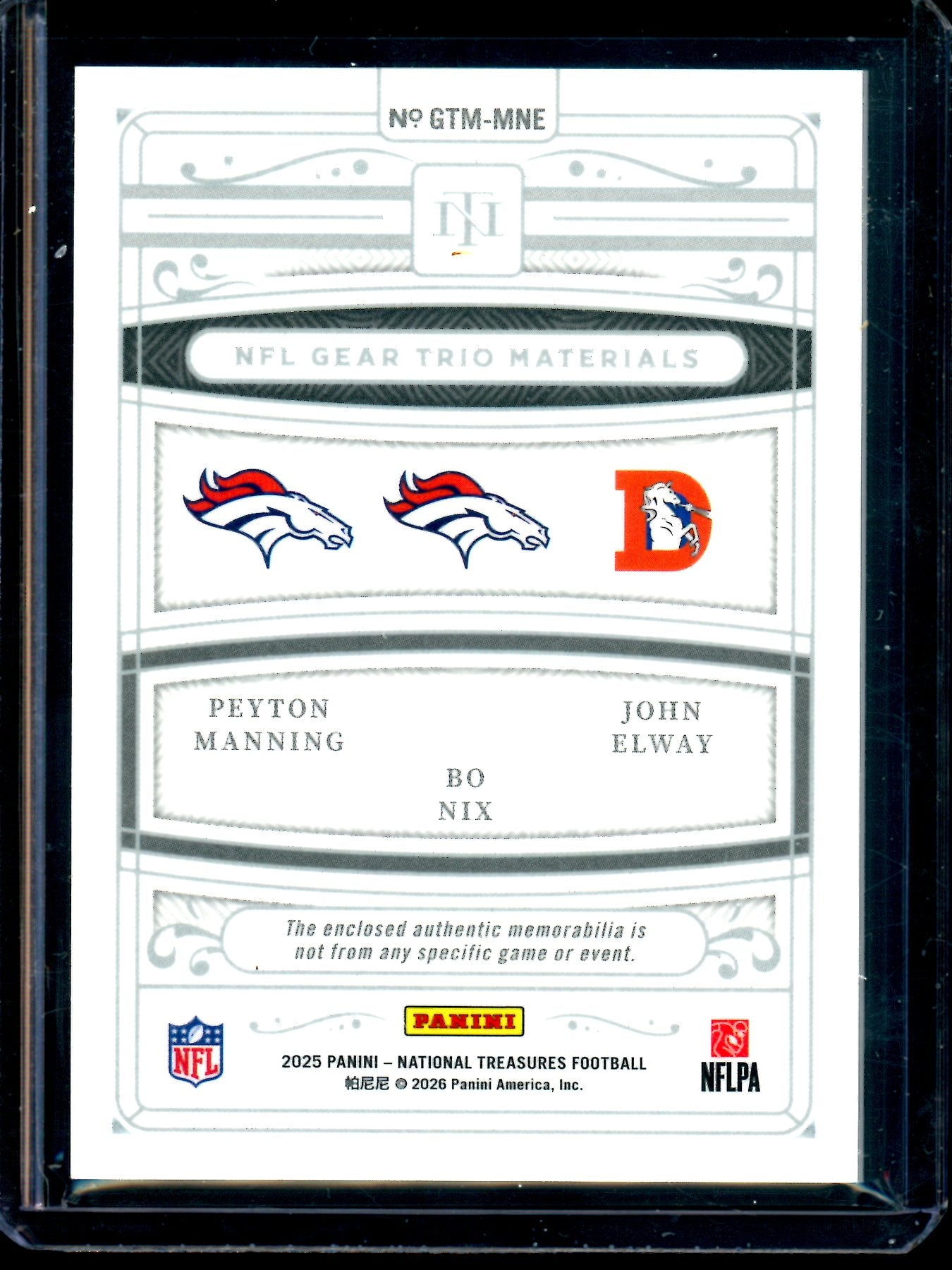2025 Panini National Treasures Manning / Nix / Elway NFL Gear Trio Materials /99 Broncos