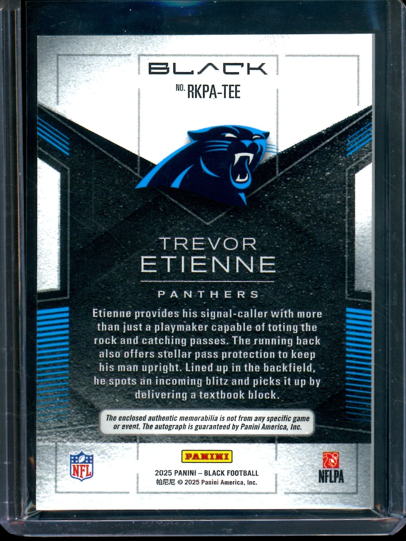 2025 Panini Black Trevor Etienne Silver Ink Rookie Patch Autograph /99 Panthers