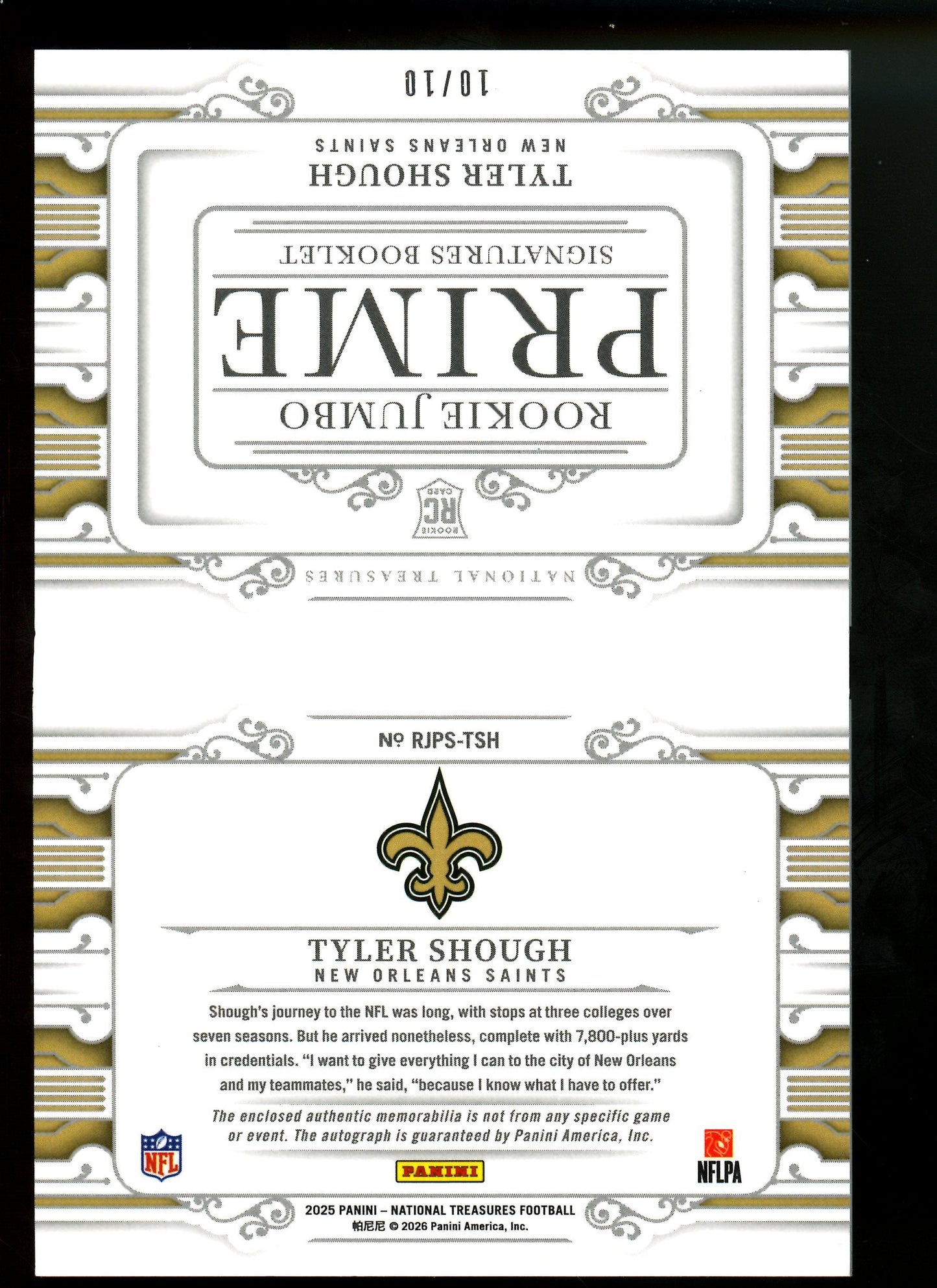 2025 Panini National Treasures Tyler Shough Rookie Jumbo Prime Signatures Booklet /10 Saints