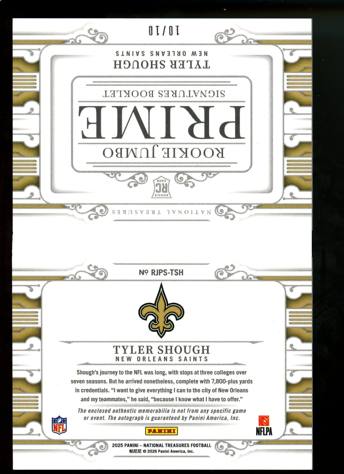 2025 Panini National Treasures Tyler Shough Rookie Jumbo Prime Signatures Booklet /10 Saints - Trading Card Market