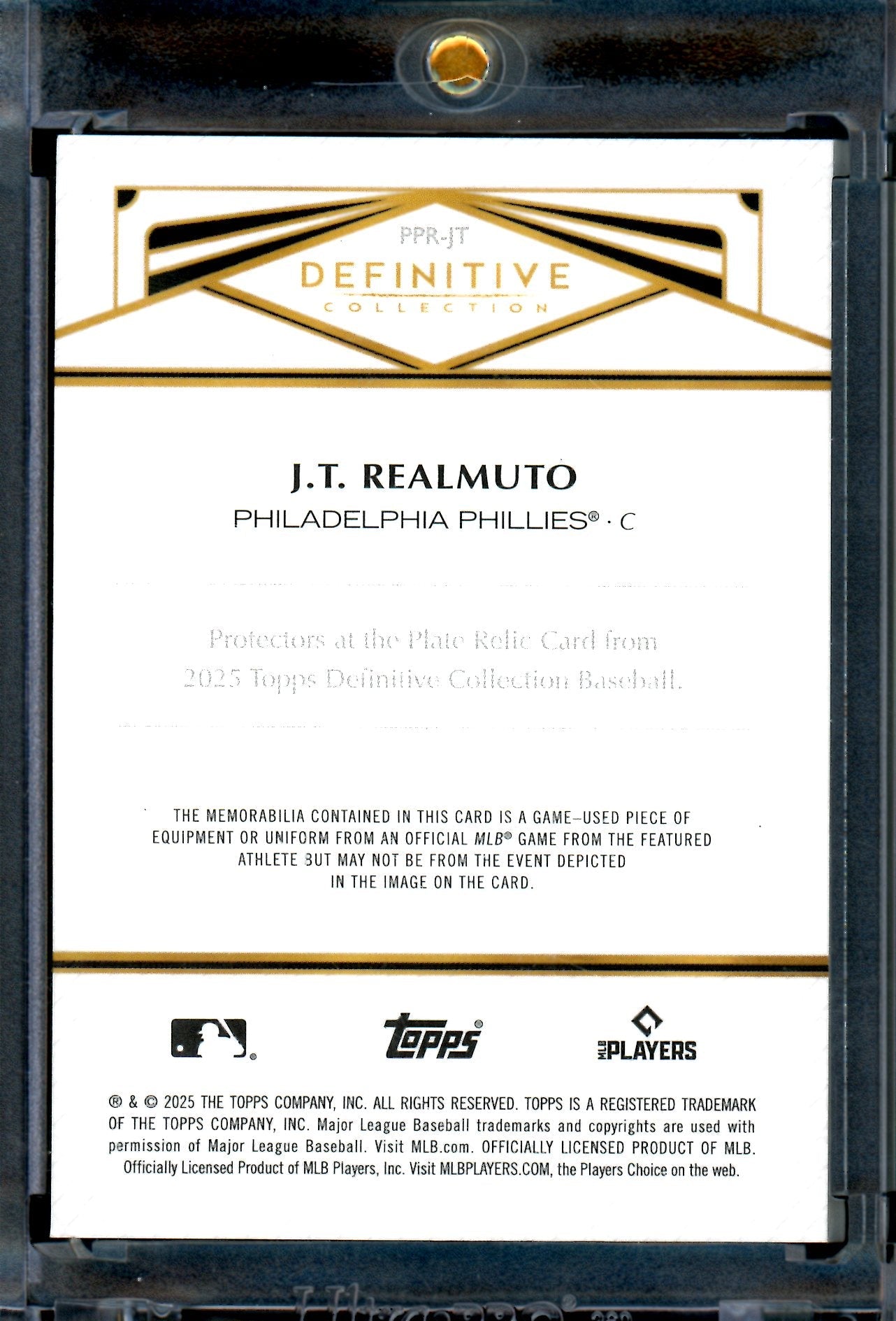 2025 Topps Definitive J.T. Realmuto Protectors at the Plate Helmet Relic Red /5 Phillies