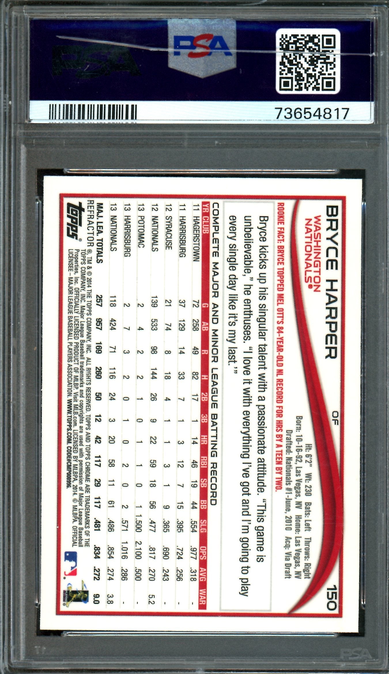 2014 Topps Chrome Bryce Harper Batting Orange Refractor PSA 9 Phillies / Nationals