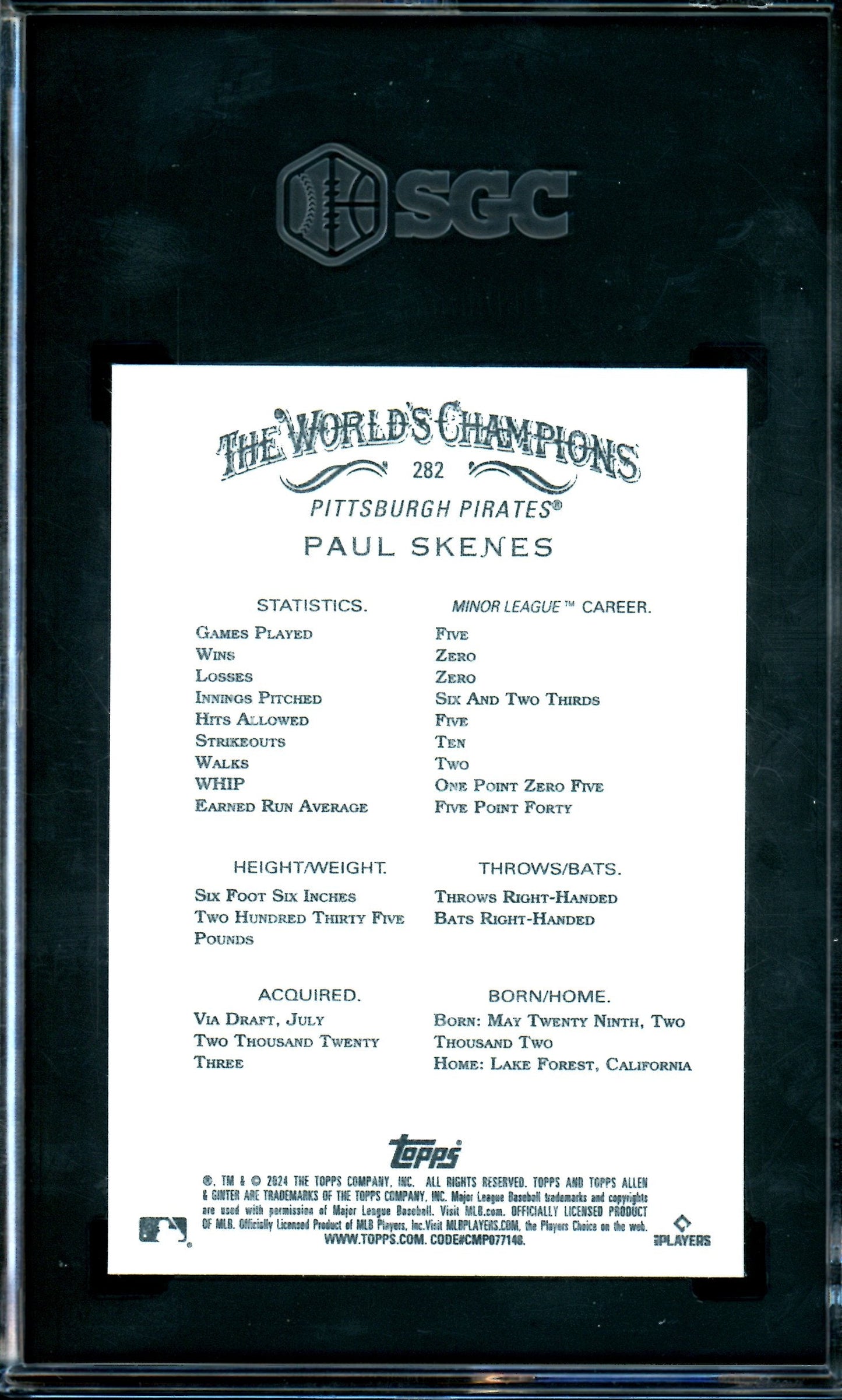 2024 Topps Allen and Ginter Paul Skenes Rookie SGC 10 Pirates